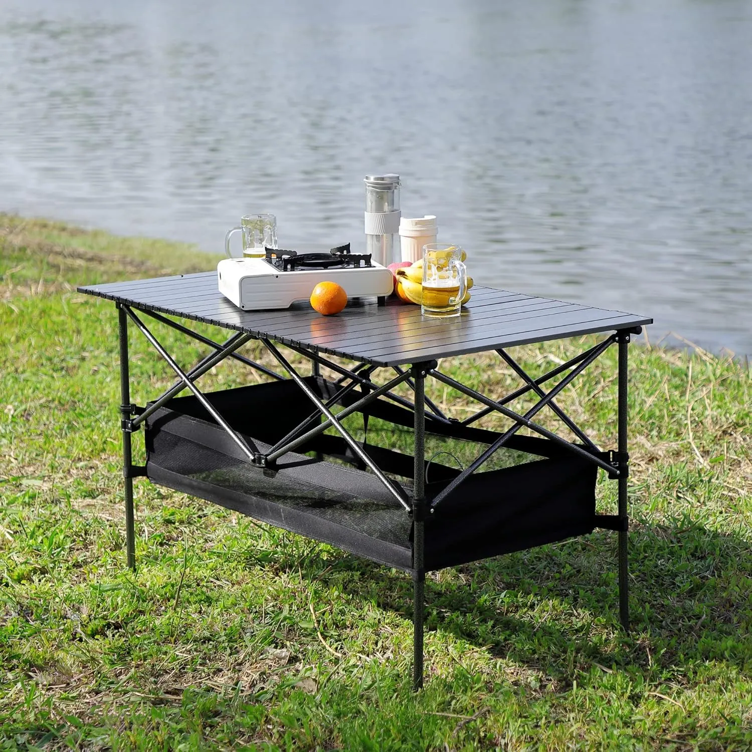 1-Piece Carrying Bag,Lightweight Aluminum Roll-up Rectangular Indoor, Camping, Picnics,Beach,Backyard, BBQ Folding Outdoor Table, Black