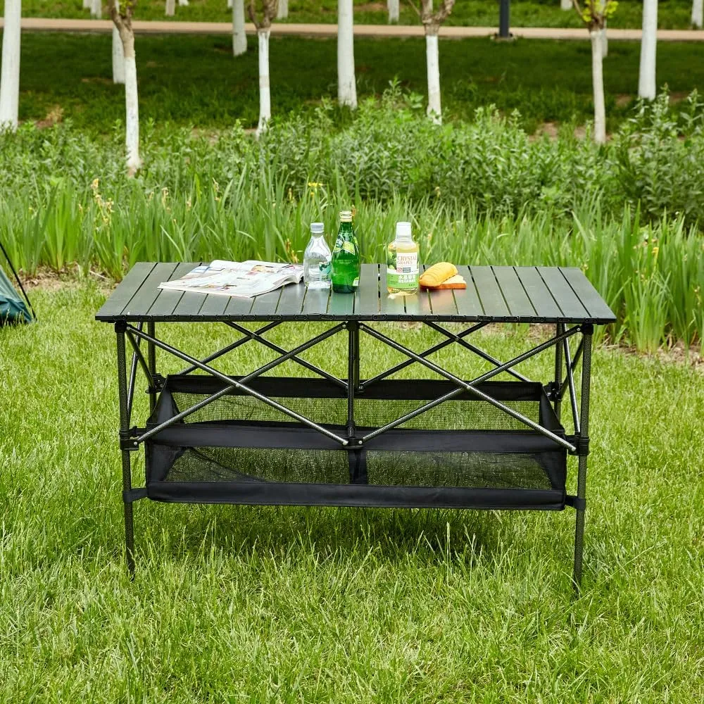 1-Piece Folding Outdoor Table with Carrying Bag,Lightweight Aluminum Roll-up Rectangular Table for Indoor, Outdoor Camping, Picnics,Beach,Backyard, BBQ, Party (Black   Aluminum)