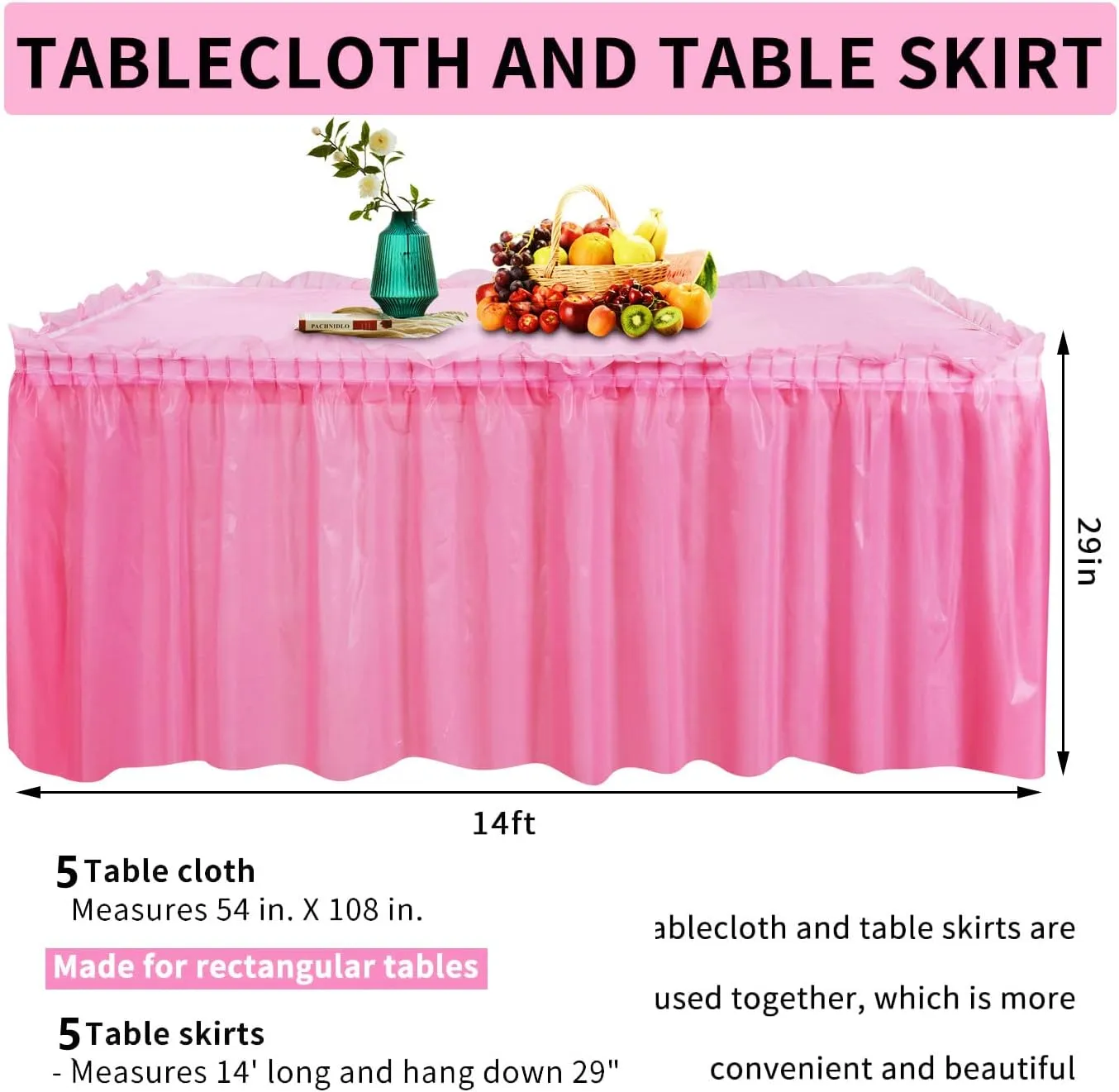 10-Parks Tulle Table Skirt-5 Pack Pink Table Cloths for Parties Table Skirts for Rectangle Tables 54" x 108" Pink Tablecloths for Party Birthday Baby Shower
