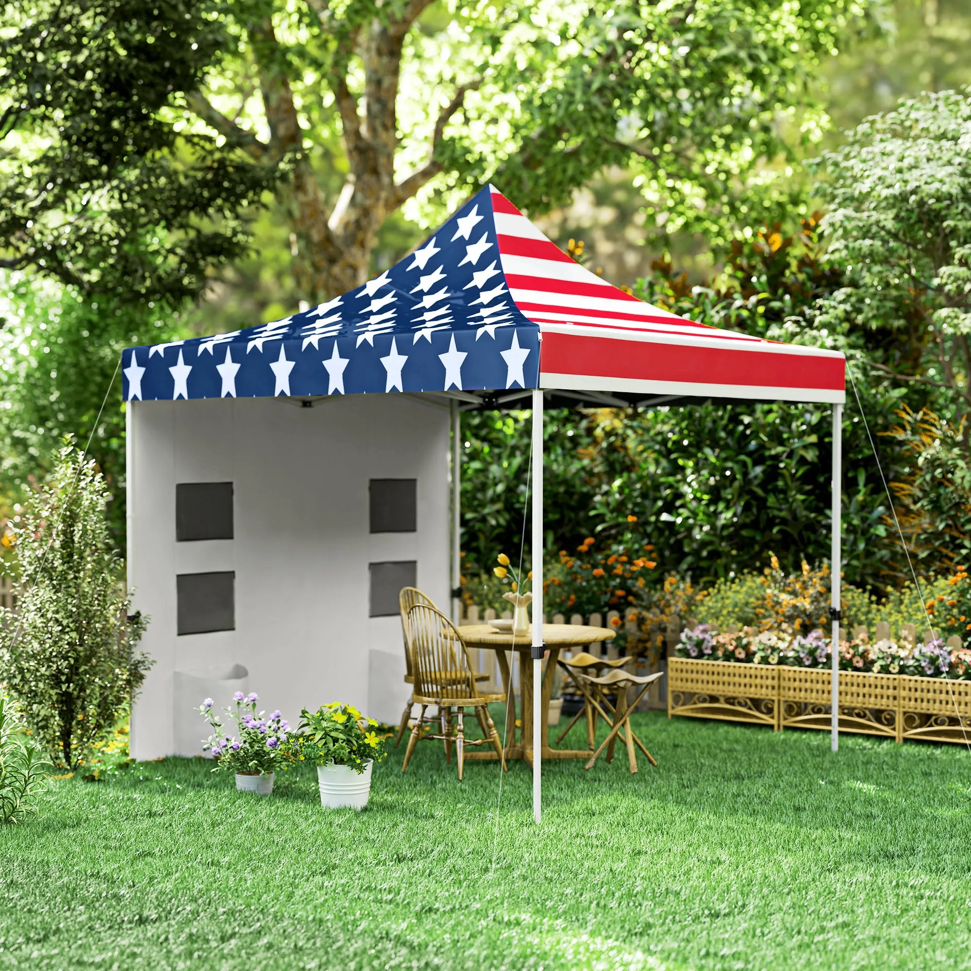 10' x 10' Canopy Tent with Sidewalls, UPF50  Sun Shelter with Storage Pockets, American Flag Design