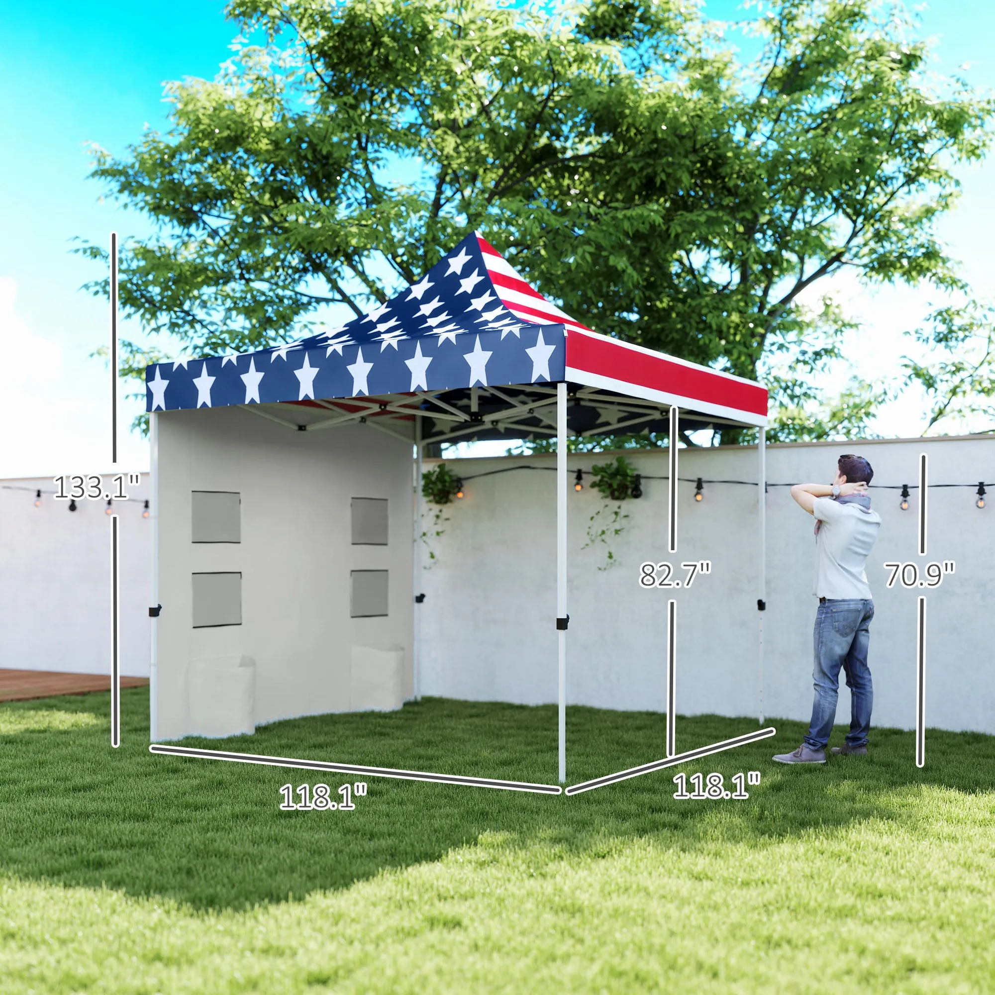10' x 10' Canopy Tent with Sidewalls, UPF50  Sun Shelter with Storage Pockets, American Flag Design
