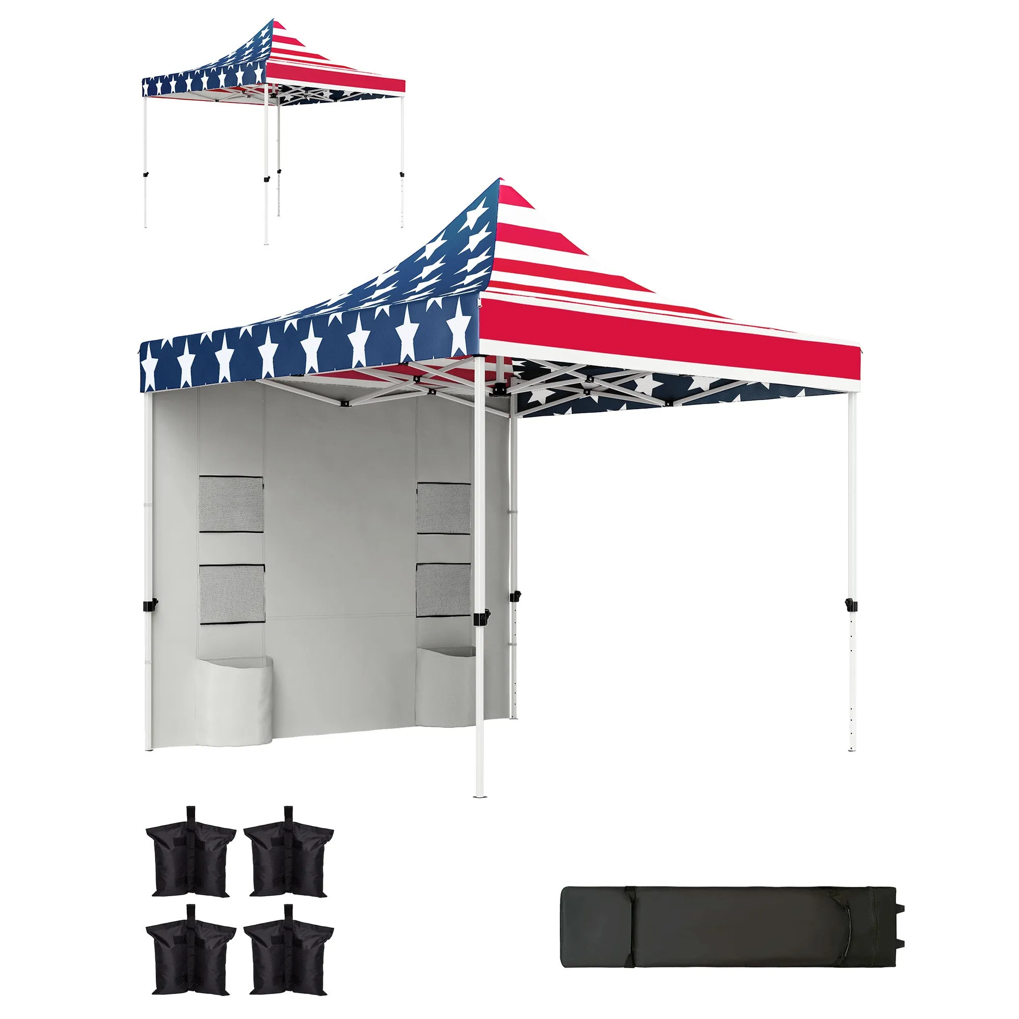 10' x 10' Canopy Tent with Sidewalls, UPF50  Sun Shelter with Storage Pockets, American Flag Design