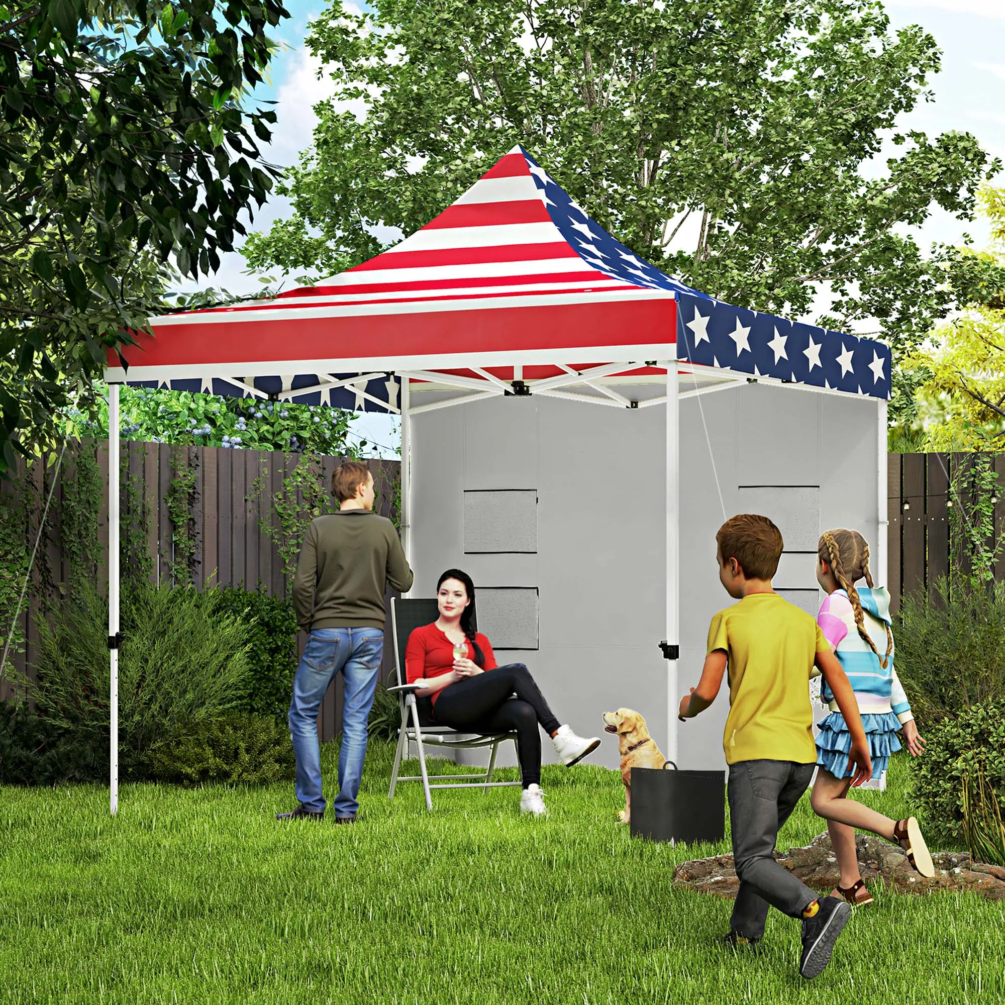 10' x 10' Canopy Tent with Sidewalls, UPF50  Sun Shelter with Storage Pockets, American Flag Design
