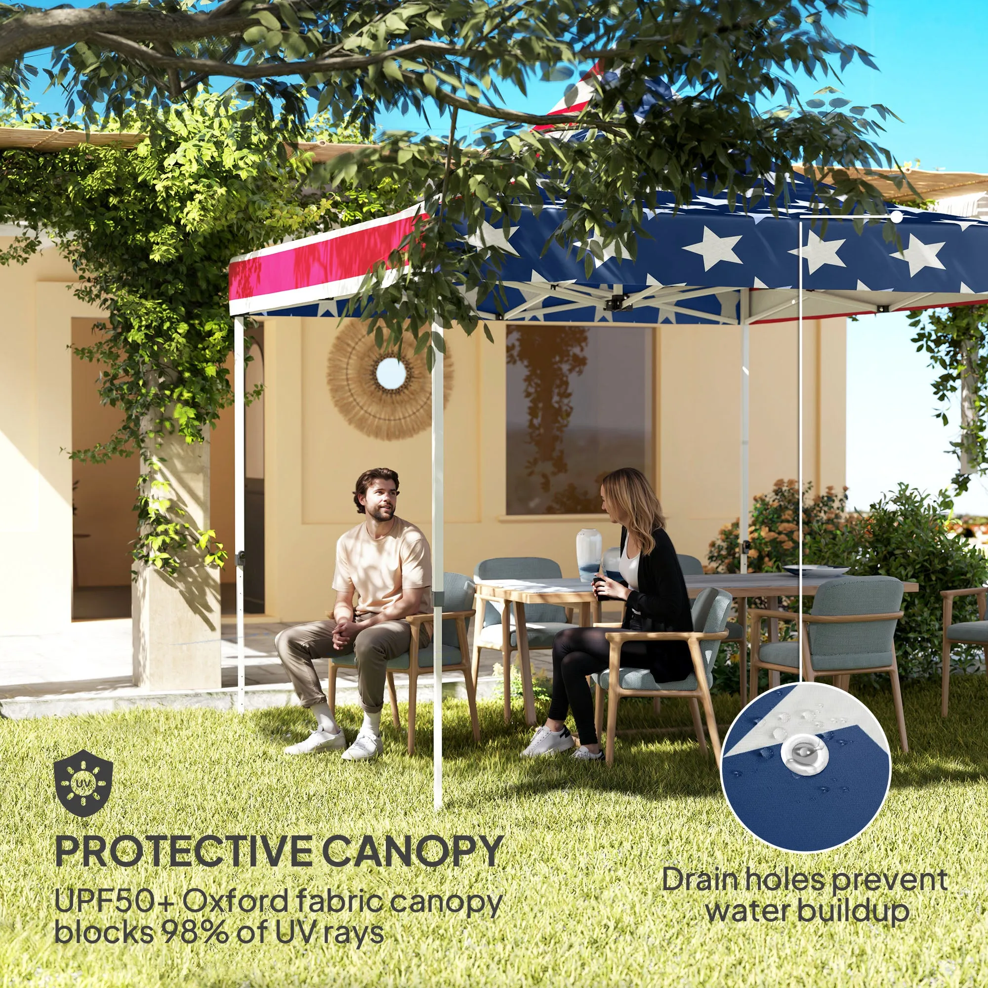 10' x 10' Canopy Tent with Sidewalls, UPF50  Sun Shelter with Storage Pockets, American Flag Design