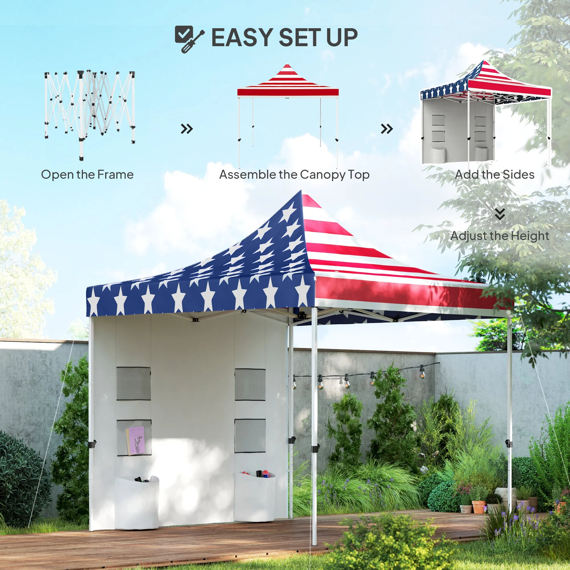 10' x 10' Canopy Tent with Sidewalls, UPF50  Sun Shelter with Storage Pockets, American Flag Design