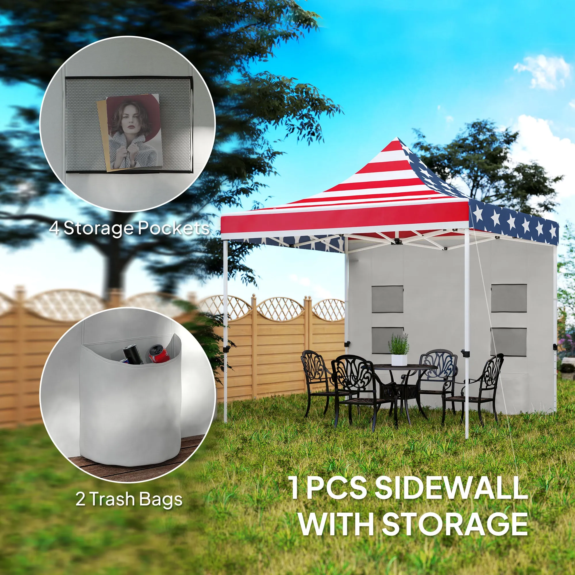 10' x 10' Canopy Tent with Sidewalls, UPF50  Sun Shelter with Storage Pockets, American Flag Design