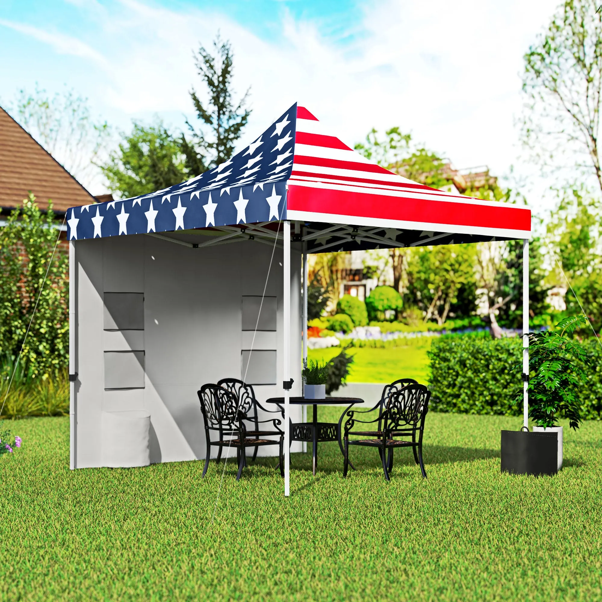 10' x 10' Canopy Tent with Sidewalls, UPF50  Sun Shelter with Storage Pockets, American Flag Design