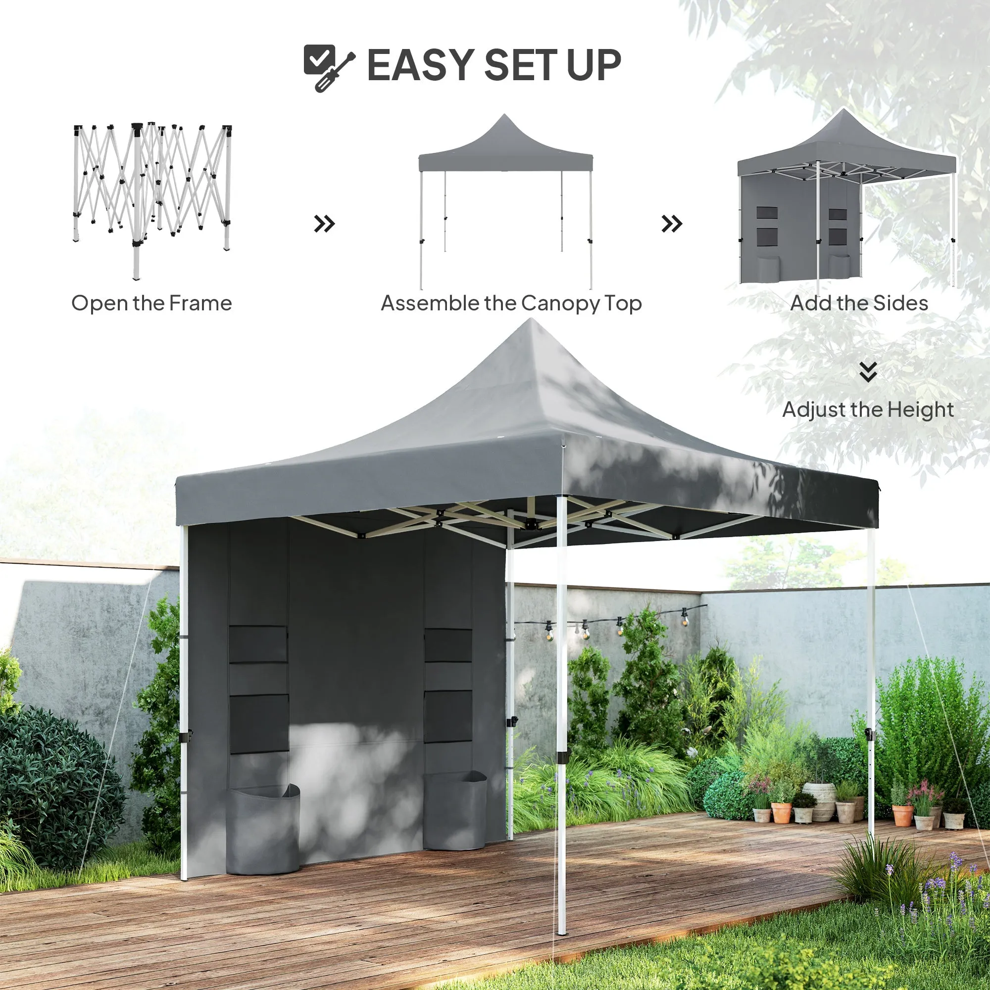 10' x 10' Heavy Duty Pop-Up Canopy Tent with Sidewalls, UPF50  & Storage Pockets, Gray