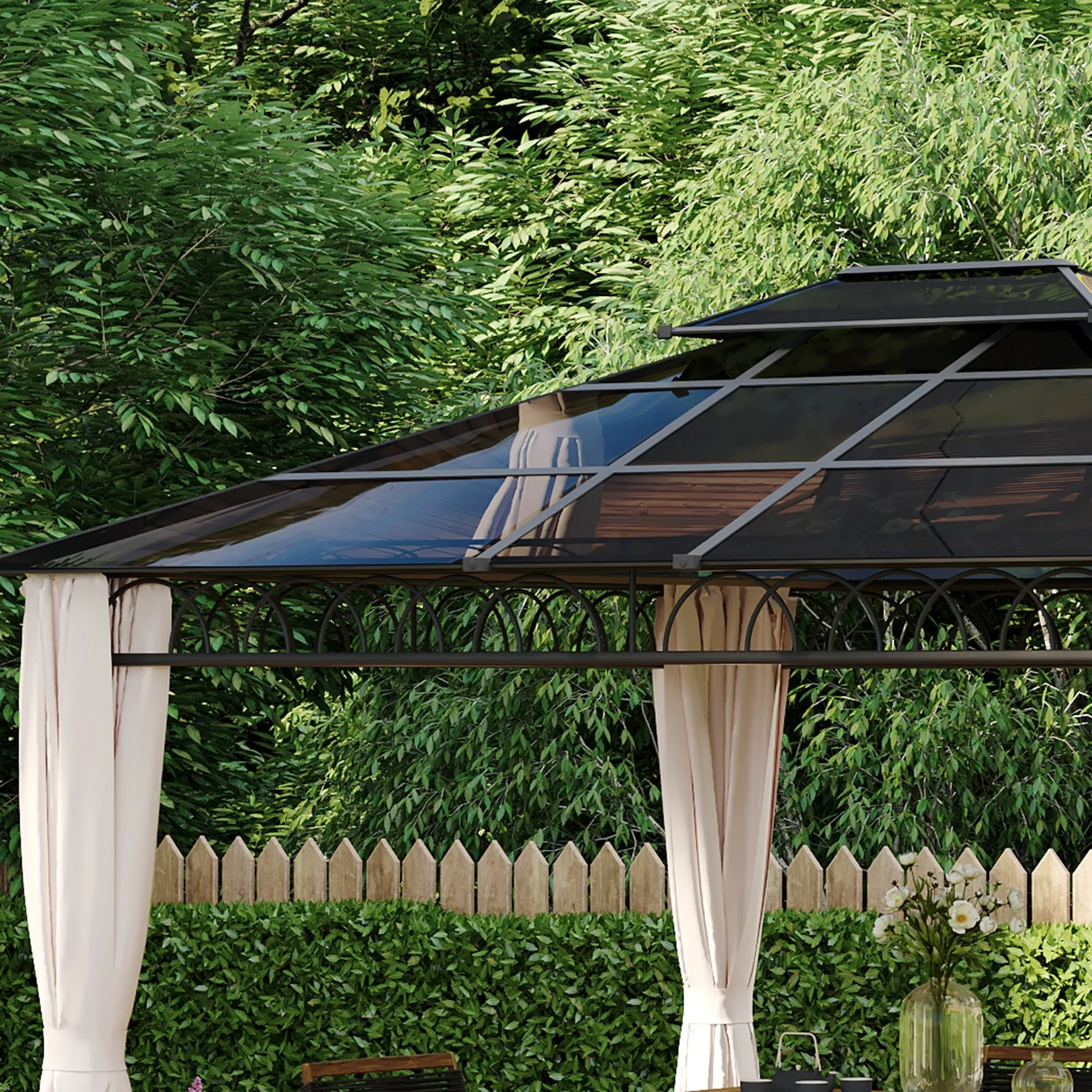 10' x 12' Outdoor Gazebo Canopy, Double Roof Hardtop Gazebo with Polycarbonate Roof, Steel Frame, Nettings and Curtains, for Garden, Lawn, Backyard and Deck, Khaki