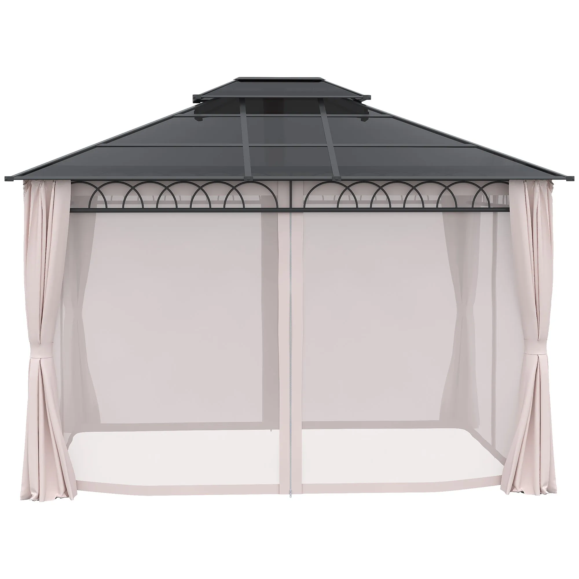 10' x 12' Outdoor Gazebo Canopy, Double Roof Hardtop Gazebo with Polycarbonate Roof, Steel Frame, Nettings and Curtains, for Garden, Lawn, Backyard and Deck, Khaki