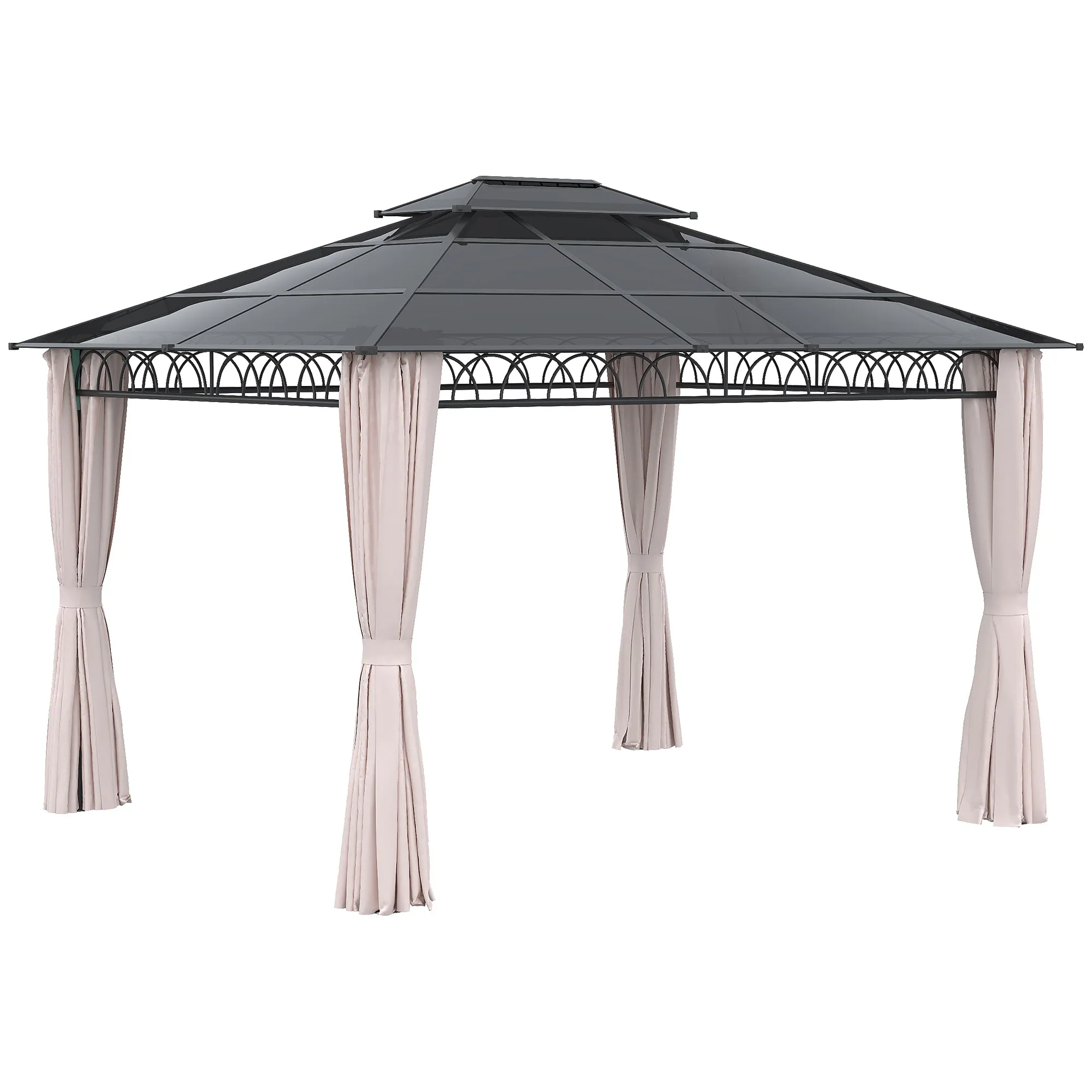 10' x 12' Outdoor Gazebo Canopy, Double Roof Hardtop Gazebo with Polycarbonate Roof, Steel Frame, Nettings and Curtains, for Garden, Lawn, Backyard and Deck, Khaki