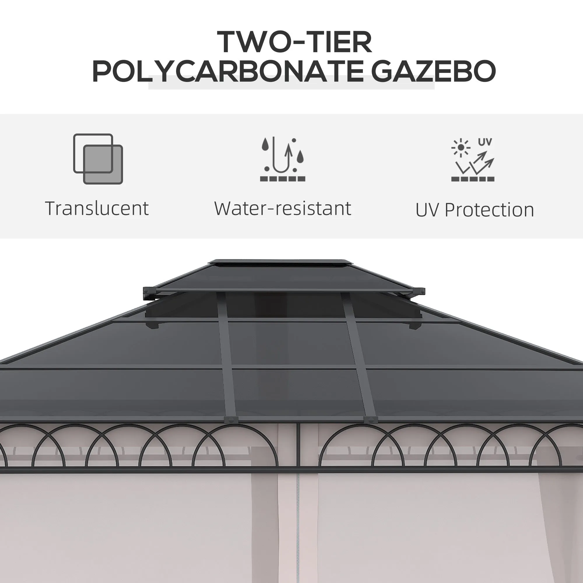 10' x 12' Outdoor Gazebo Canopy, Double Roof Hardtop Gazebo with Polycarbonate Roof, Steel Frame, Nettings and Curtains, for Garden, Lawn, Backyard and Deck, Khaki