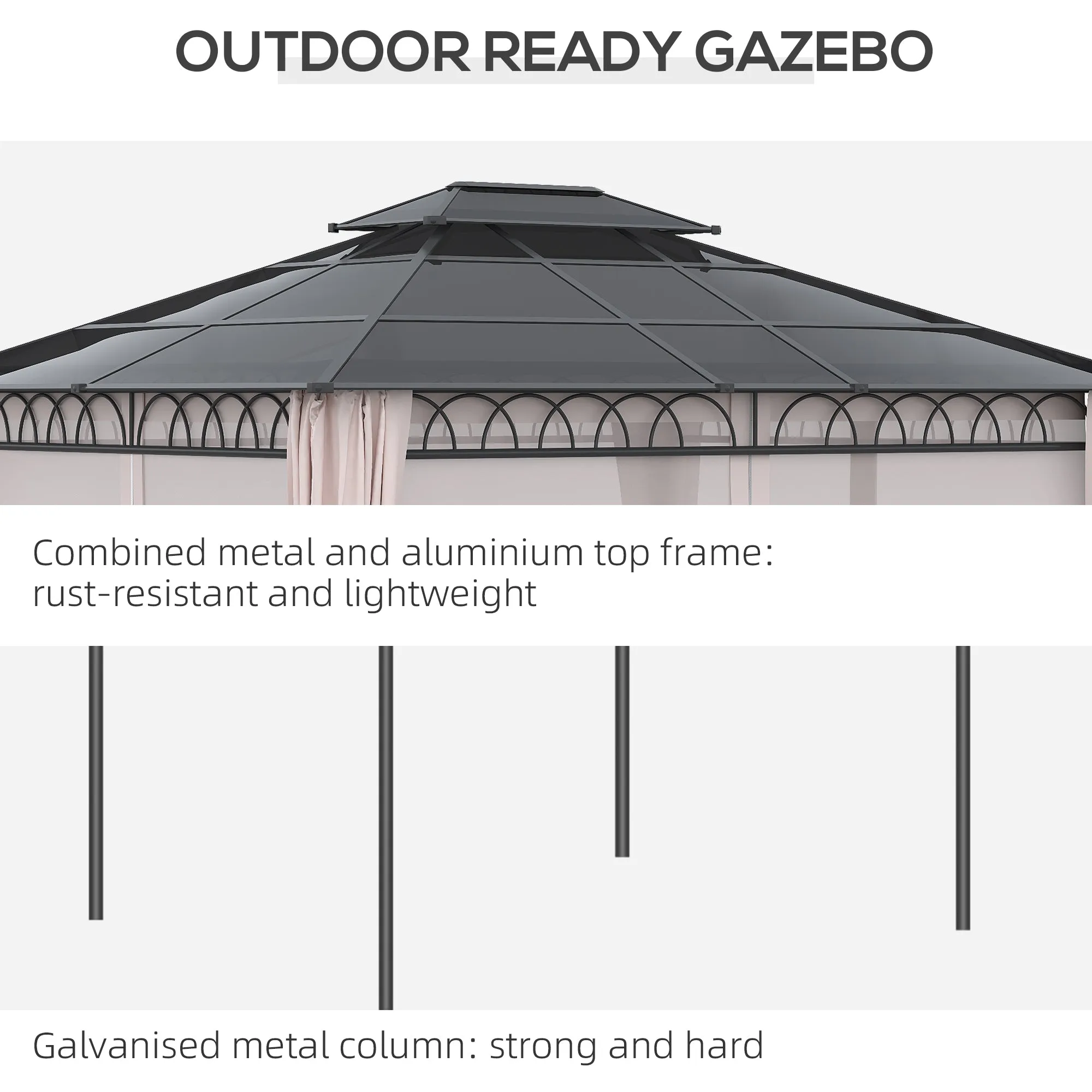 10' x 12' Outdoor Gazebo Canopy, Double Roof Hardtop Gazebo with Polycarbonate Roof, Steel Frame, Nettings and Curtains, for Garden, Lawn, Backyard and Deck, Khaki
