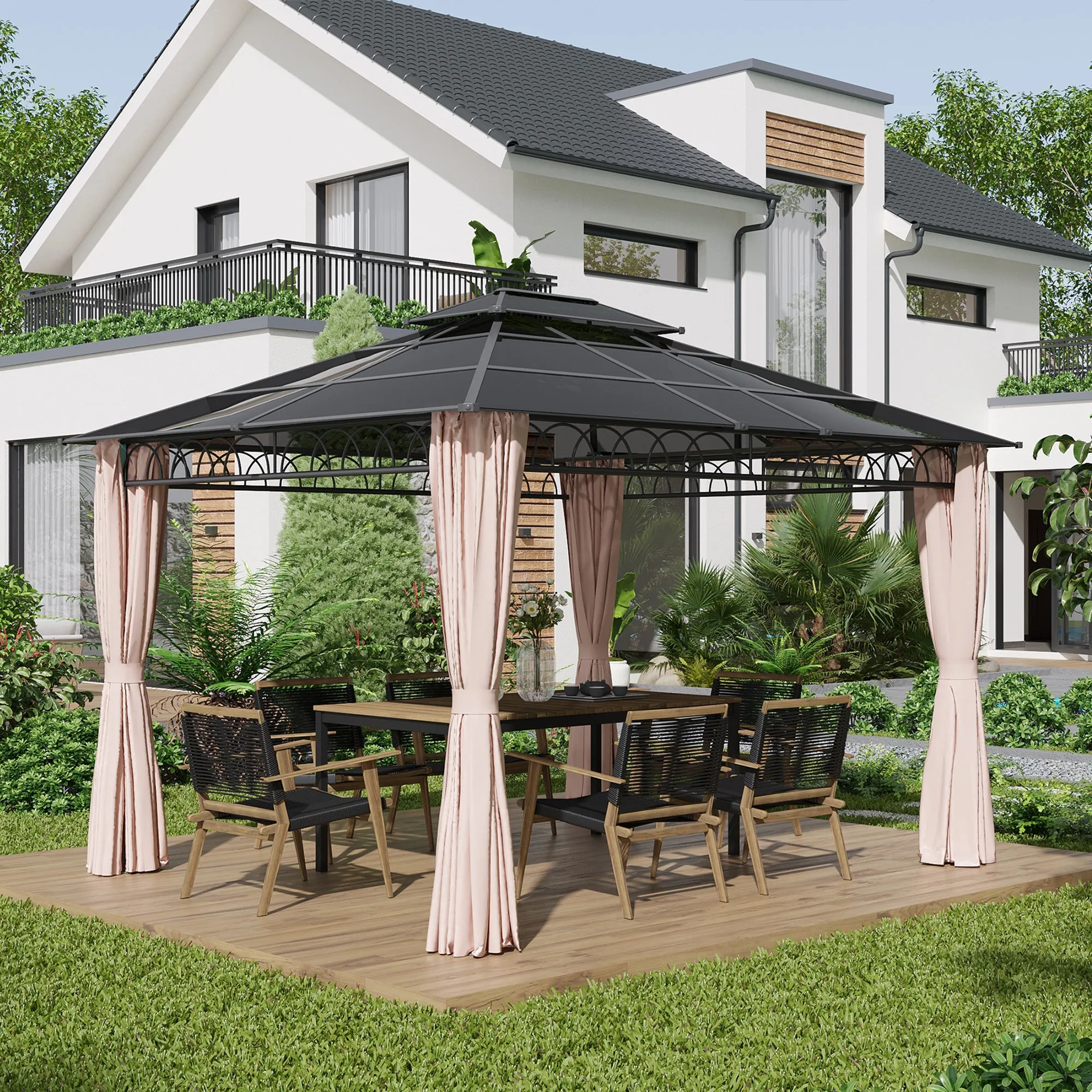10' x 12' Outdoor Gazebo Canopy, Double Roof Hardtop Gazebo with Polycarbonate Roof, Steel Frame, Nettings and Curtains, for Garden, Lawn, Backyard and Deck, Khaki