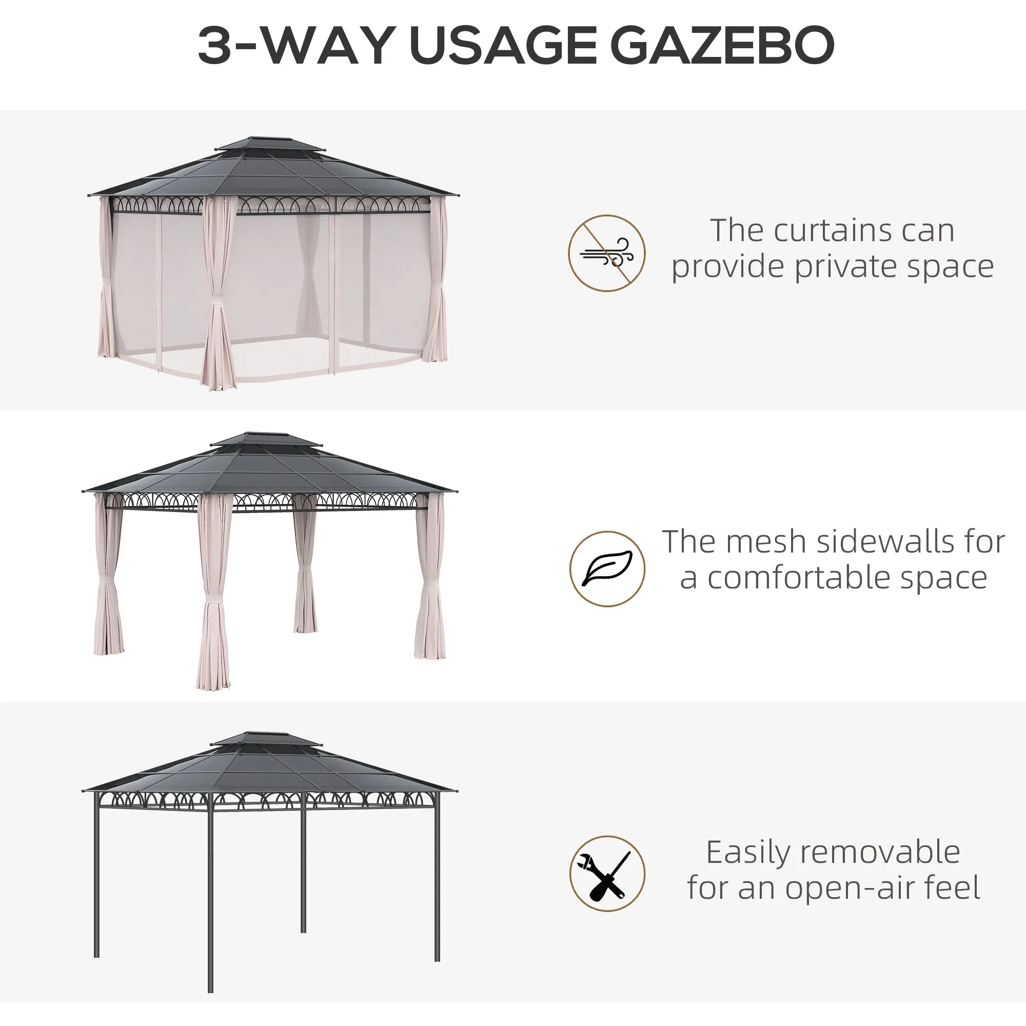 10' x 12' Outdoor Gazebo Canopy, Double Roof Hardtop Gazebo with Polycarbonate Roof, Steel Frame, Nettings and Curtains, for Garden, Lawn, Backyard and Deck, Khaki