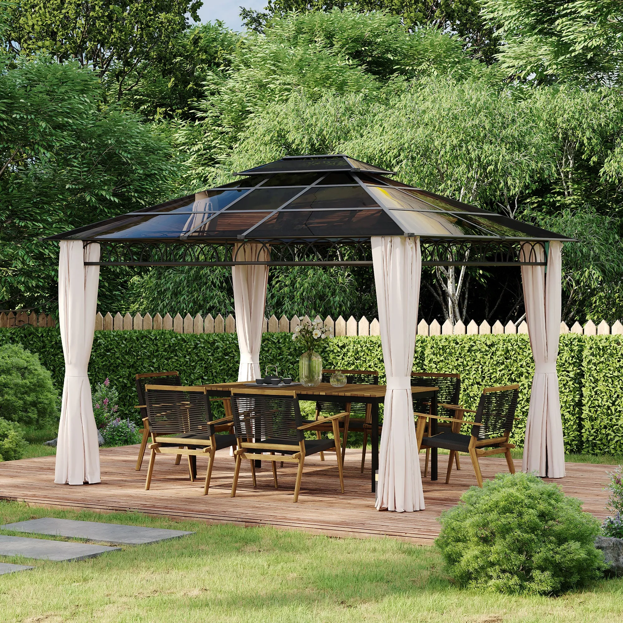 10' x 12' Outdoor Gazebo Canopy, Double Roof Hardtop Gazebo with Polycarbonate Roof, Steel Frame, Nettings and Curtains, for Garden, Lawn, Backyard and Deck, Khaki