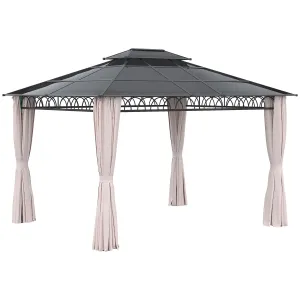 10' x 12' Outdoor Gazebo Canopy, Double Roof Hardtop Gazebo with Polycarbonate Roof, Steel Frame, Nettings and Curtains, for Garden, Lawn, Backyard and Deck, Khaki