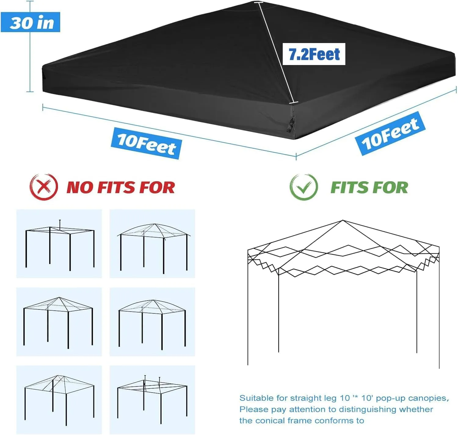 10×10 Canopy Replacement Top Cover, Pop Up Canopy Tent Cover for Straight Leg Frame, Waterproof Canopy Top with Windproof Ropes for Outdoor Garden Patio Camping Sun Shade(Top Only) (Black)