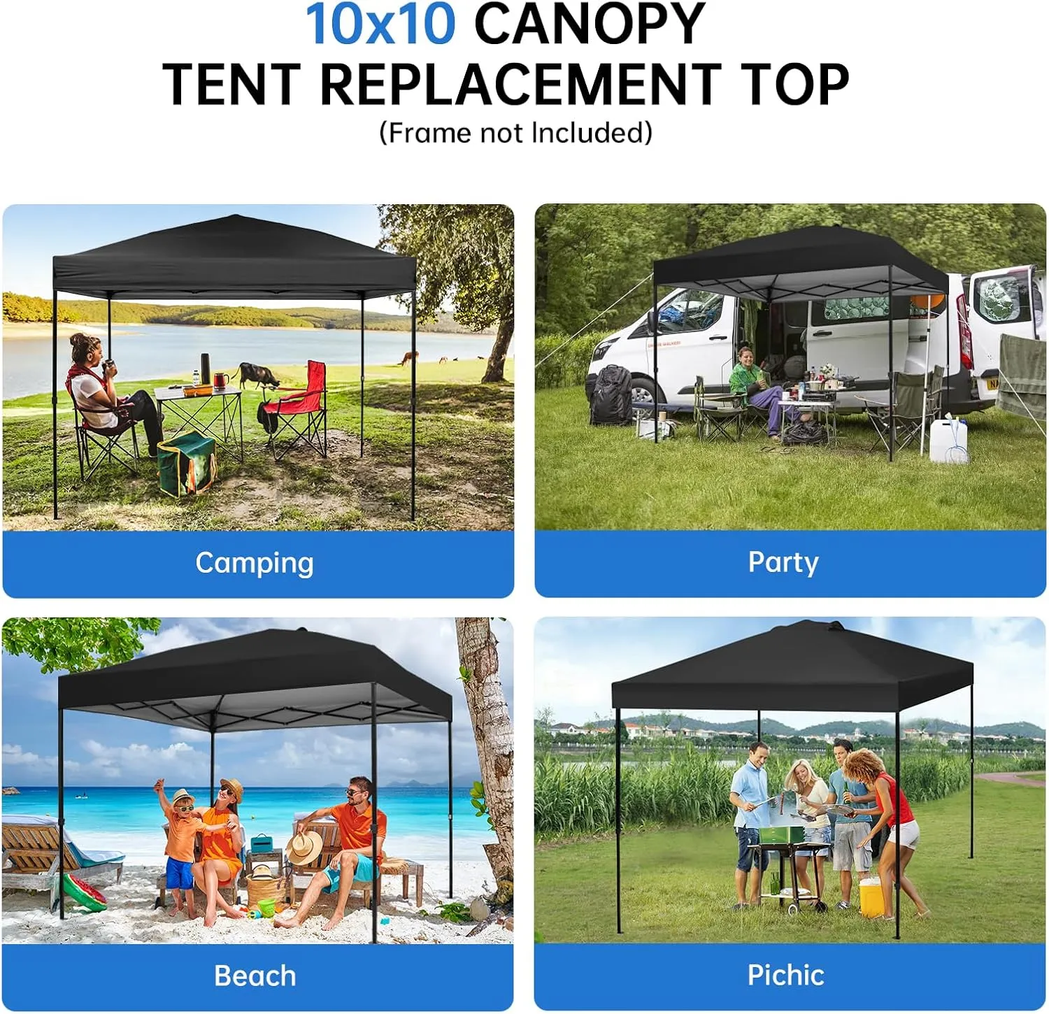 10×10 Canopy Replacement Top Cover, Pop Up Canopy Tent Cover for Straight Leg Frame, Waterproof Canopy Top with Windproof Ropes for Outdoor Garden Patio Camping Sun Shade(Top Only) (Black)
