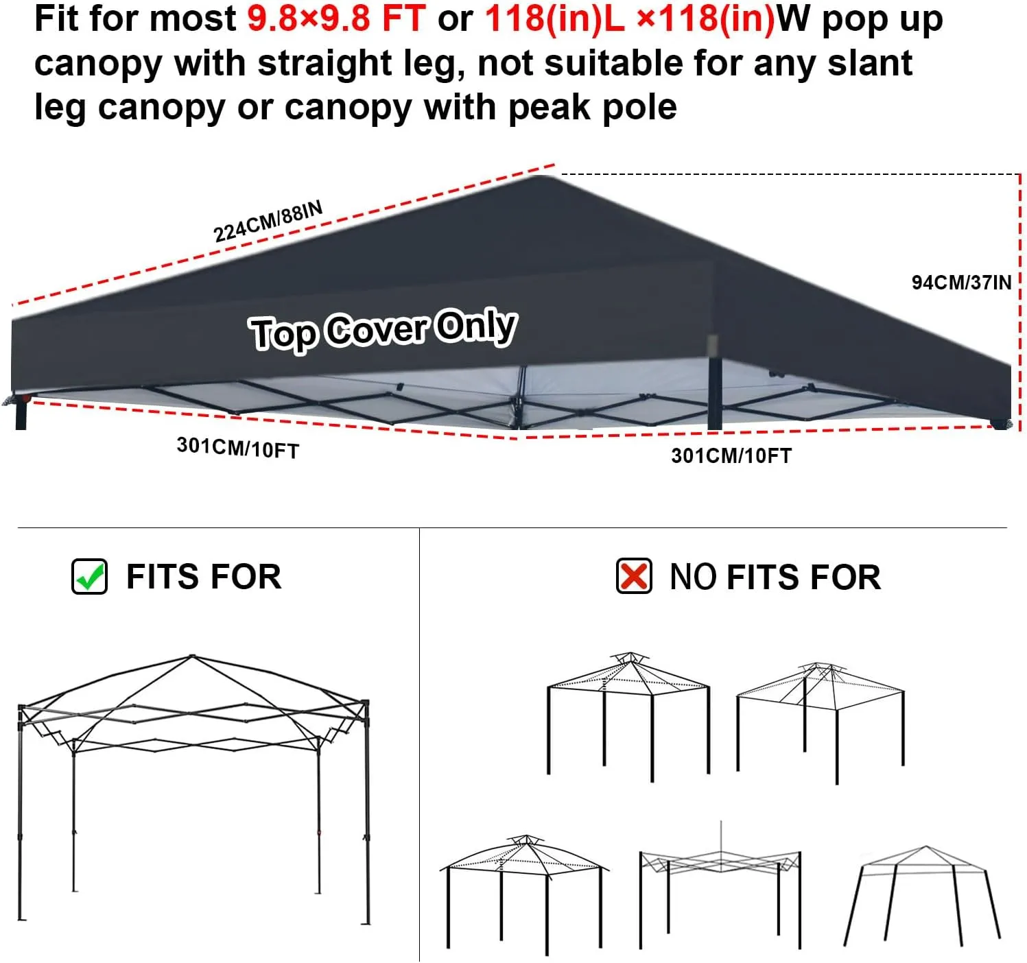 10×10 Canopy Replacement Top Only, Waterproof Pop Up Canopy Tent Top Cover with Ropes, Instant Canopy Top Sunshade Sliver Coated for Outdoor Garden Patio Camping (Black)