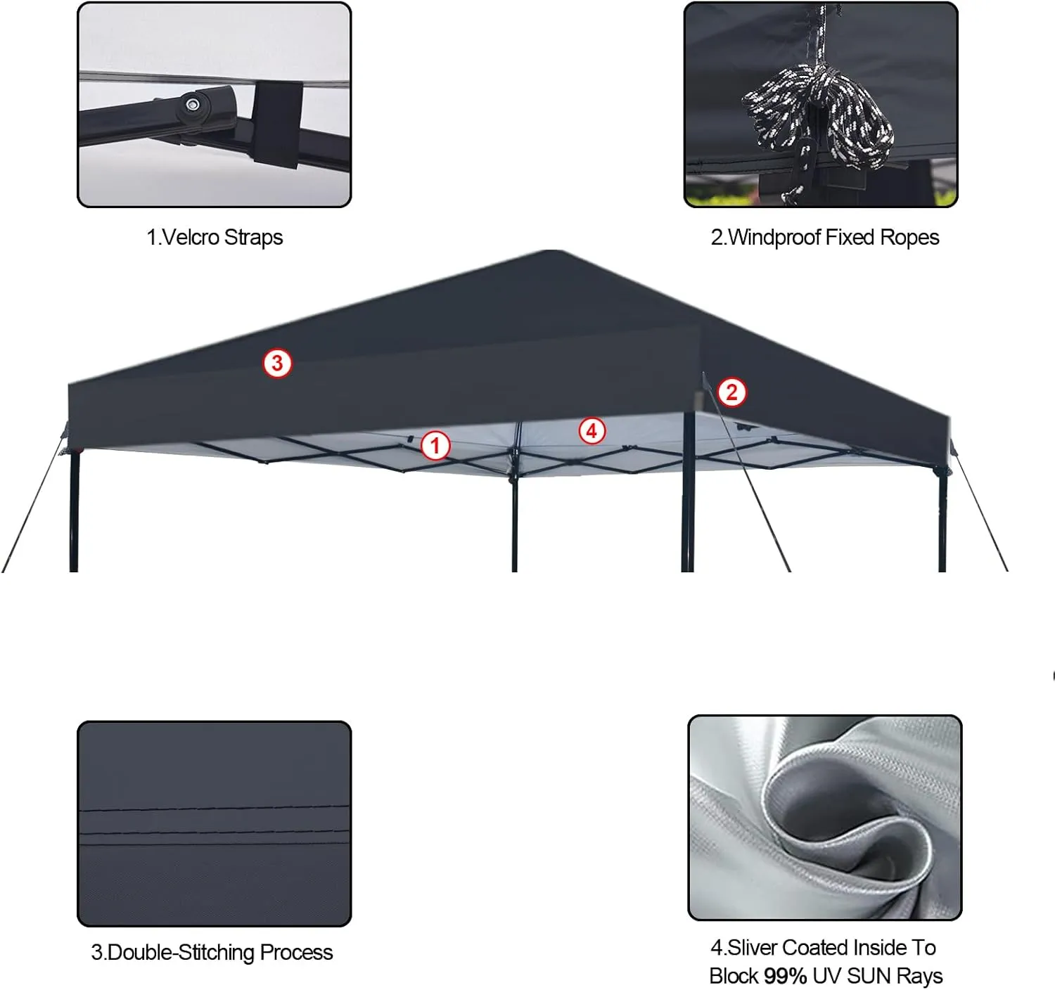 10×10 Canopy Replacement Top Only, Waterproof Pop Up Canopy Tent Top Cover with Ropes, Instant Canopy Top Sunshade Sliver Coated for Outdoor Garden Patio Camping (Black)