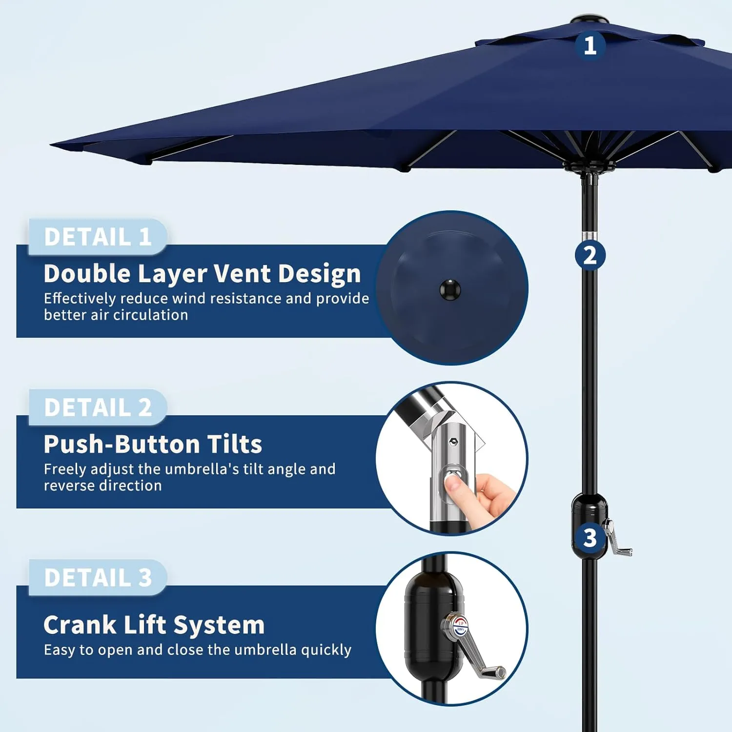 10Ft Patio Umbrella - 8 Sturdy Ribs Outdoor Table Umbrella with Crank Lift & Push Button Tilt - Market Umbrella for Pool, Deck, Yard, Garden - Navy Blue
