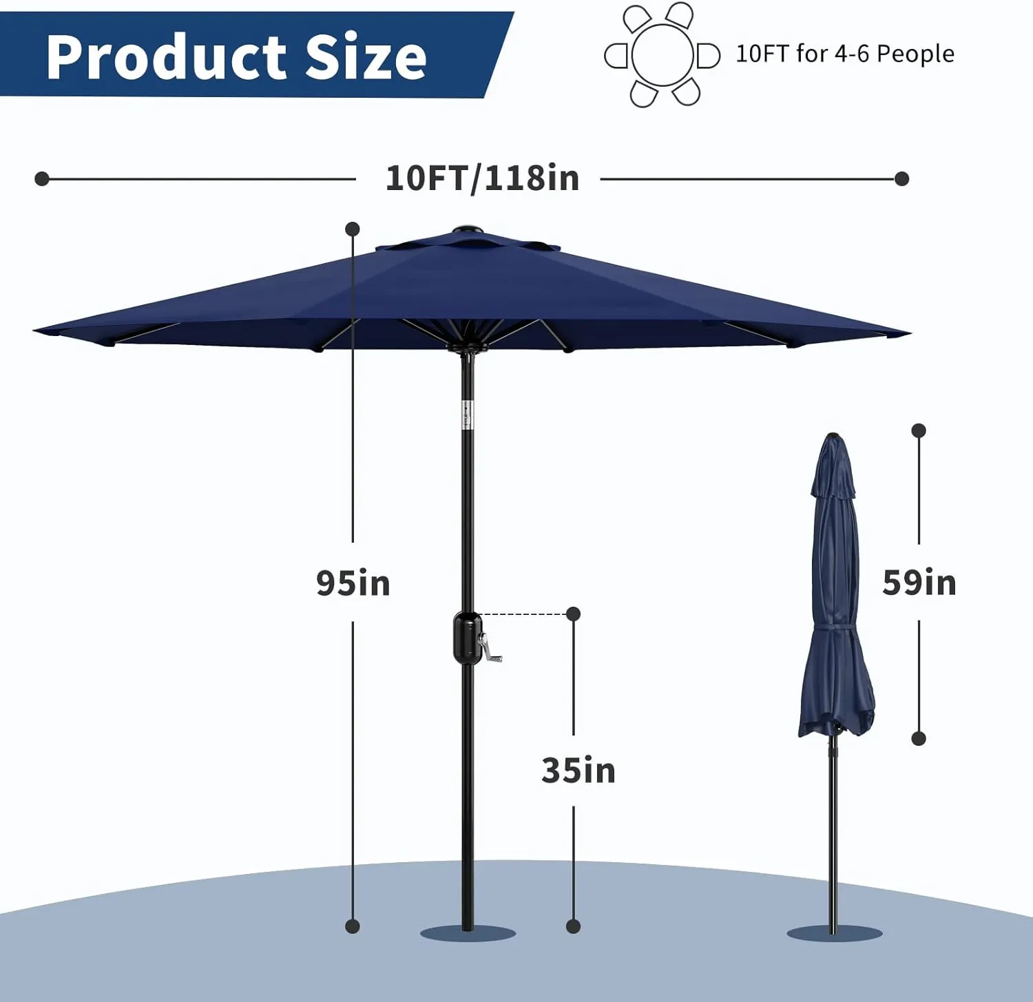 10Ft Patio Umbrella - 8 Sturdy Ribs Outdoor Table Umbrella with Crank Lift & Push Button Tilt - Market Umbrella for Pool, Deck, Yard, Garden - Navy Blue
