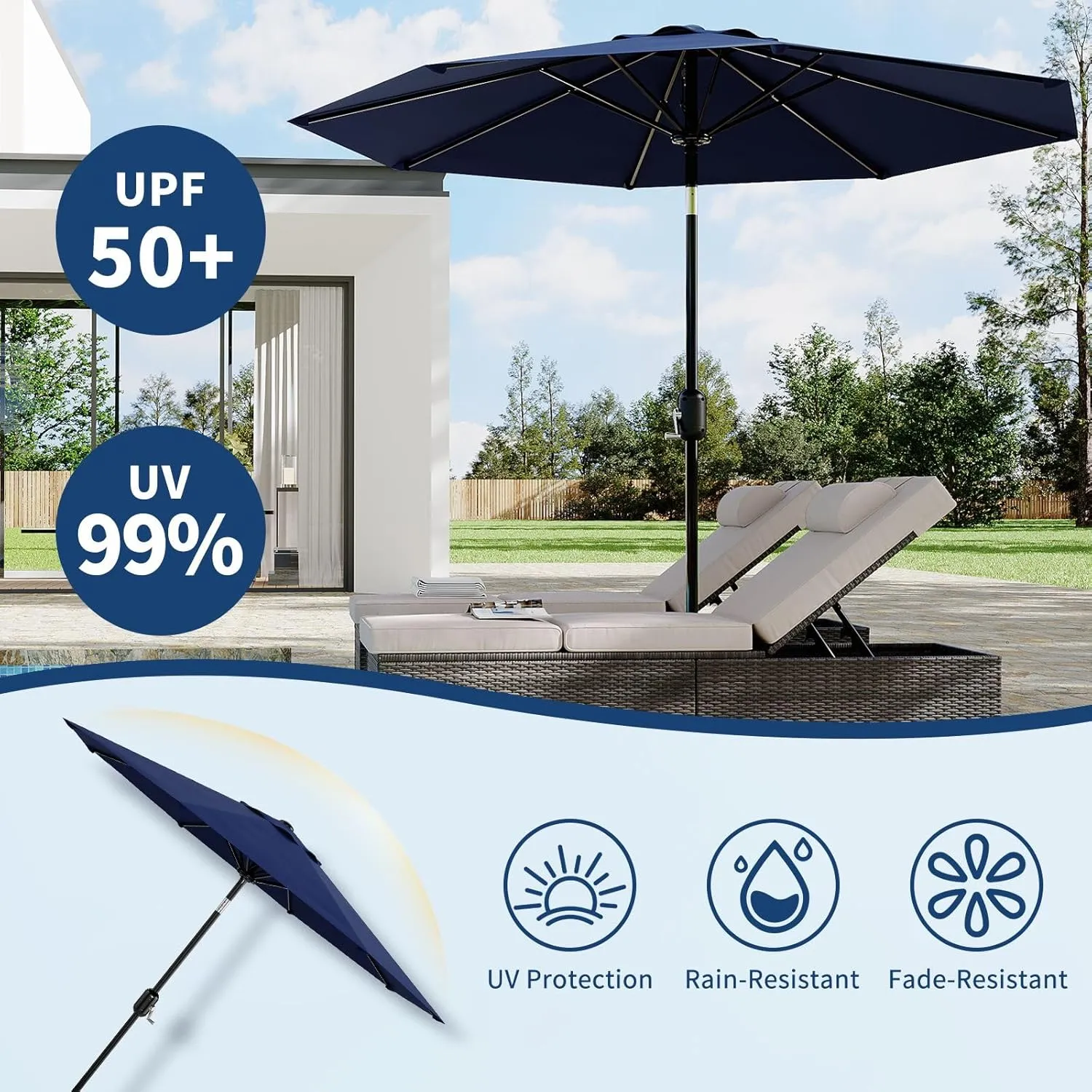 10Ft Patio Umbrella - 8 Sturdy Ribs Outdoor Table Umbrella with Crank Lift & Push Button Tilt - Market Umbrella for Pool, Deck, Yard, Garden - Navy Blue