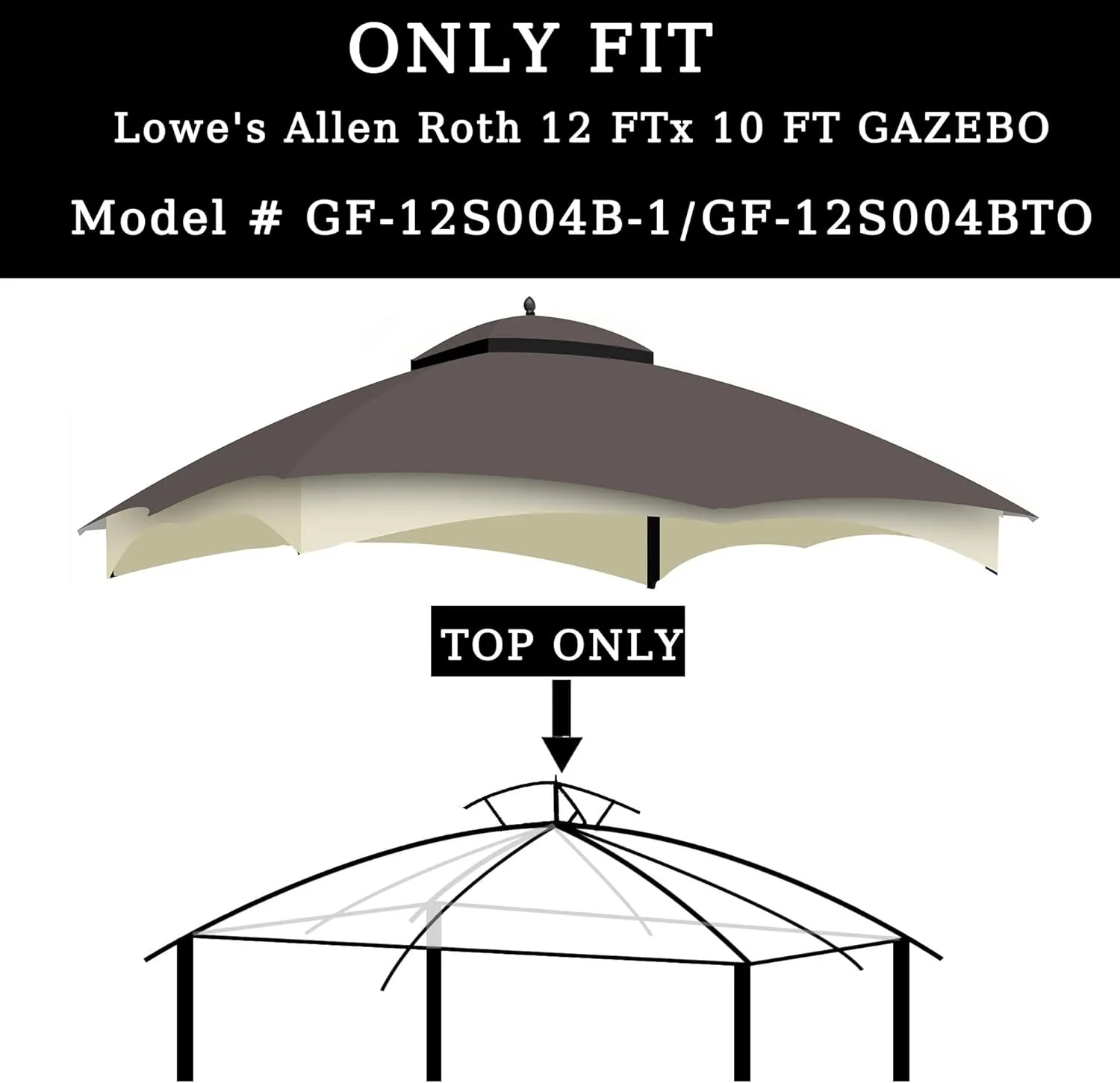 10x12 Ft Outdoor Patio Gazebo Replacement Canopy for Lowe's Allen Roth 10x12 Gazebo #GF-12S004B-1, Double Tiered Roof Top Cover, UV Protection & Waterproof Fabric, Brown (Frame Not Included)