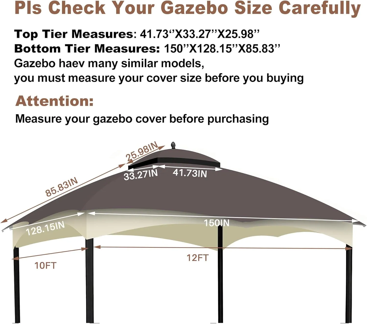10x12 Ft Outdoor Patio Gazebo Replacement Canopy for Lowe's Allen Roth 10x12 Gazebo #GF-12S004B-1, Double Tiered Roof Top Cover, UV Protection & Waterproof Fabric, Brown (Frame Not Included)