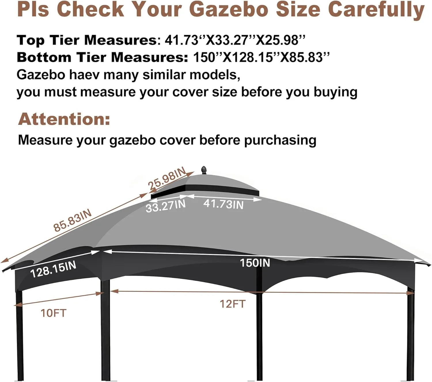 10x12 Ft Outdoor Patio Gazebo Replacement Canopy for Lowe's Allen Roth 10x12 Gazebo #GF-12S004B-1, Double Tiered Roof Top Cover, UV Protection & Waterproof Fabric, Grey (Frame Not Included)