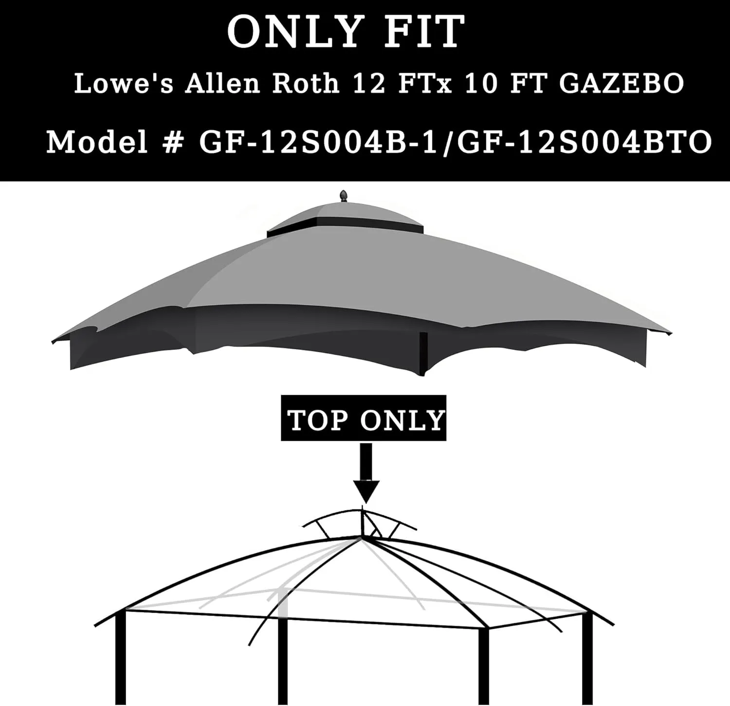 10x12 Ft Outdoor Patio Gazebo Replacement Canopy for Lowe's Allen Roth 10x12 Gazebo #GF-12S004B-1, Double Tiered Roof Top Cover, UV Protection & Waterproof Fabric, Grey (Frame Not Included)