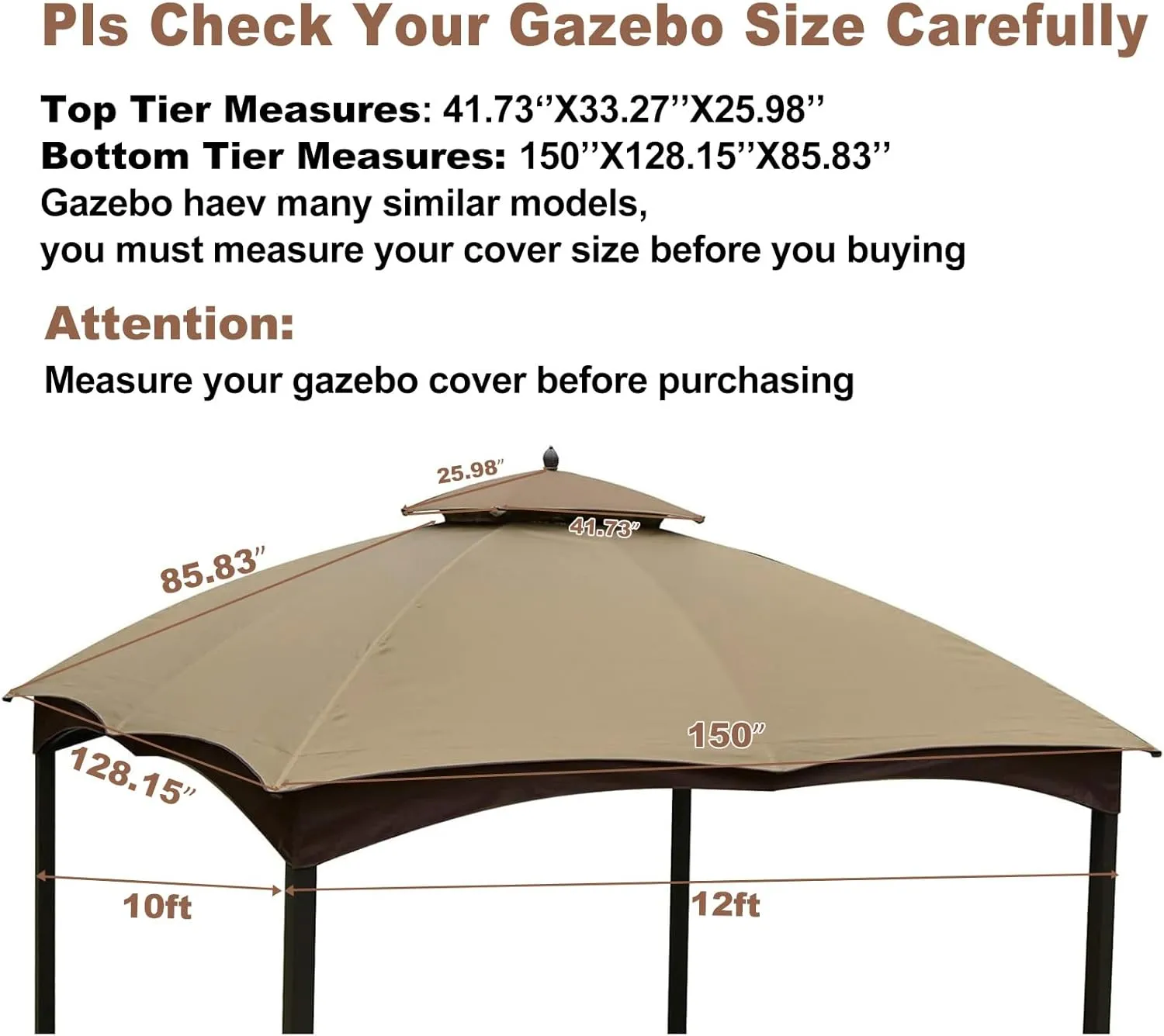 10x12 Ft Outdoor Patio Gazebo Replacement Canopy for Lowe's Allen Roth 10x12 Gazebo #GF-12S004B-1, Double Tiered Roof Top Cover, UV Protection & Waterproof Fabric, Khaki (Frame Not Included)
