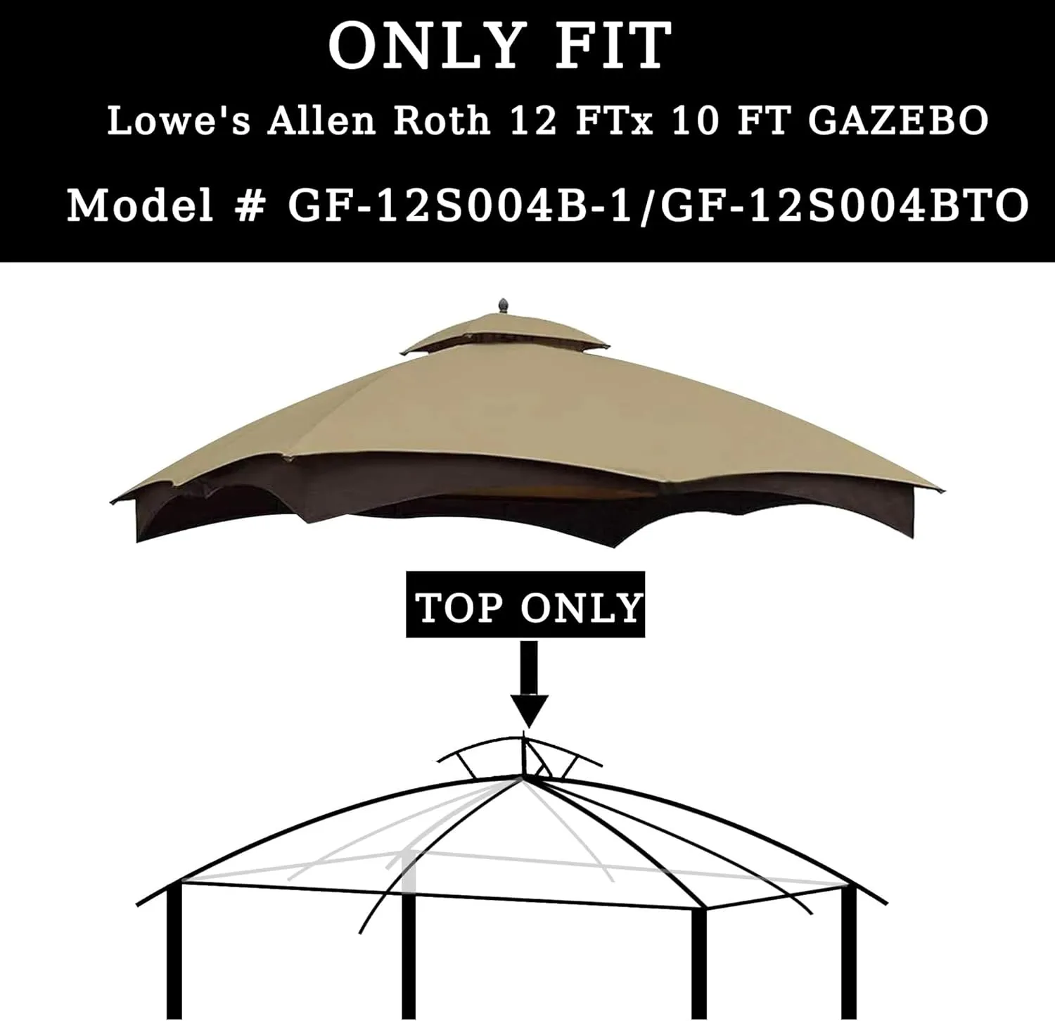 10x12 Ft Outdoor Patio Gazebo Replacement Canopy for Lowe's Allen Roth 10x12 Gazebo #GF-12S004B-1, Double Tiered Roof Top Cover, UV Protection & Waterproof Fabric, Khaki (Frame Not Included)
