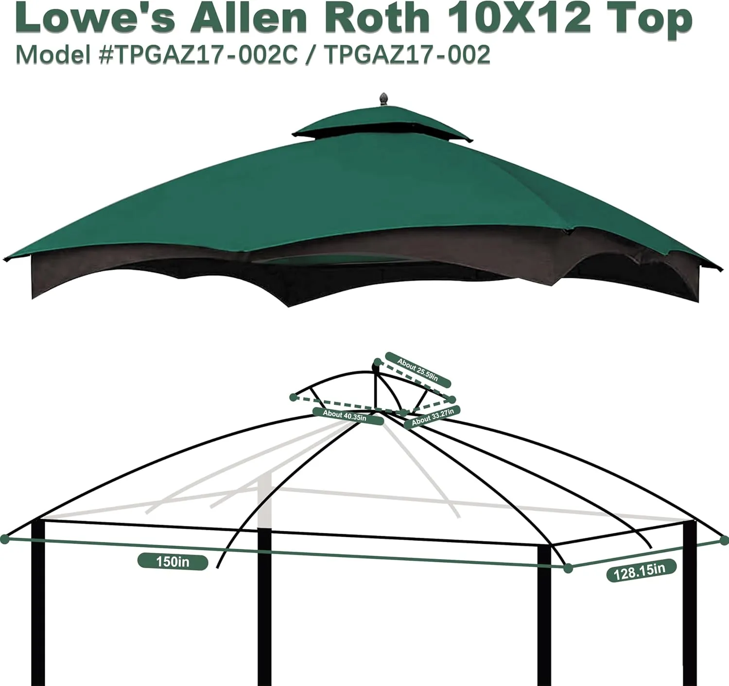 10X12 Replacement Gazebo Cover for Lowe's Gazebo Model #TPGAZ17-002C,TPGAZ17-002 (Forest Green)