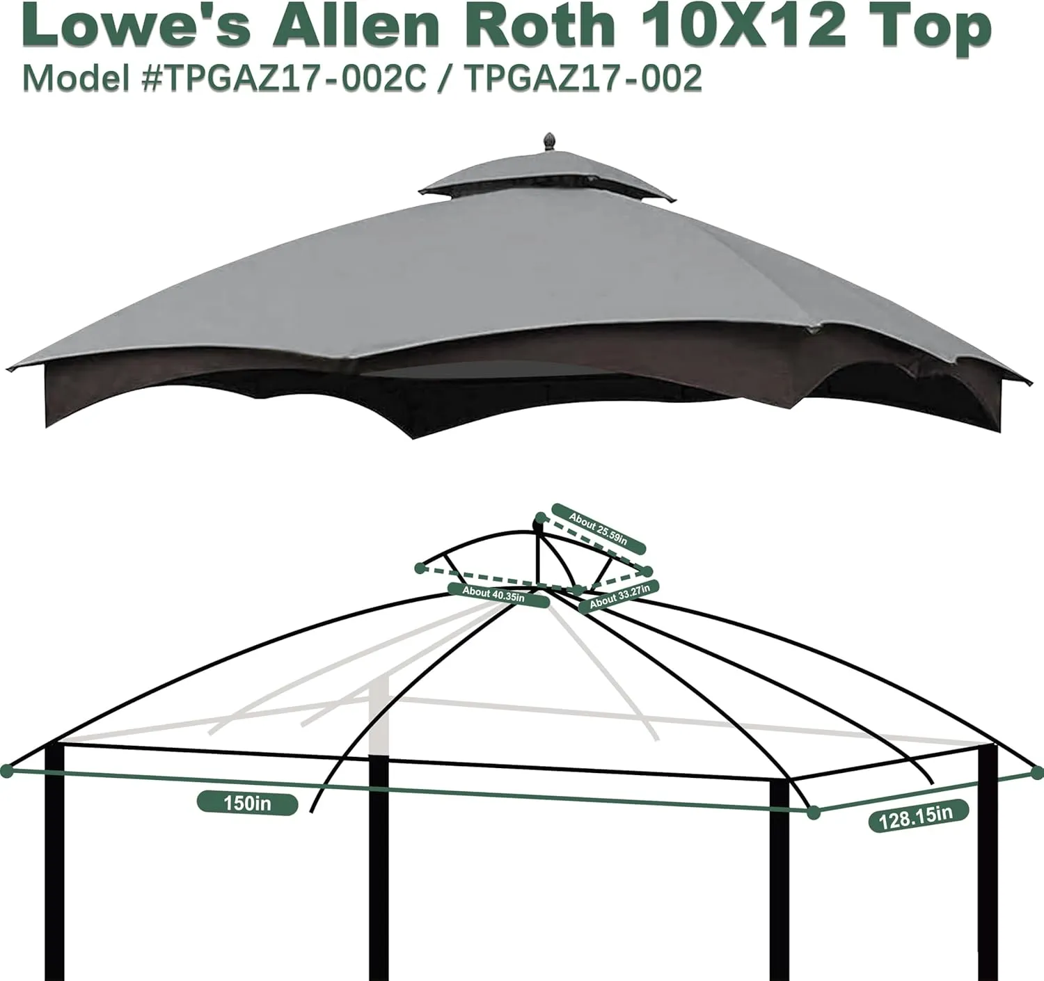 10X12 Replacement Gazebo Cover for Lowe's Gazebo Model #TPGAZ17-002C,TPGAZ17-002 (Grey)
