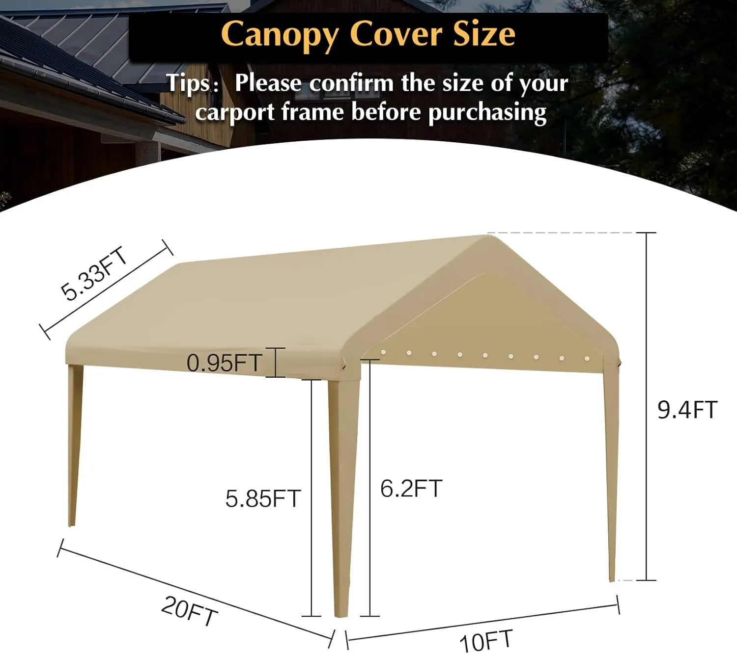 10x20 Canopy Replacement Cover, Carport Replacement Canopy Top Cover for 10' x 20' Frame, 800D Heavy Duty Waterproof & UV Protected Car Canopy with Ball Bungees (Frame is not Included) (Beige)
