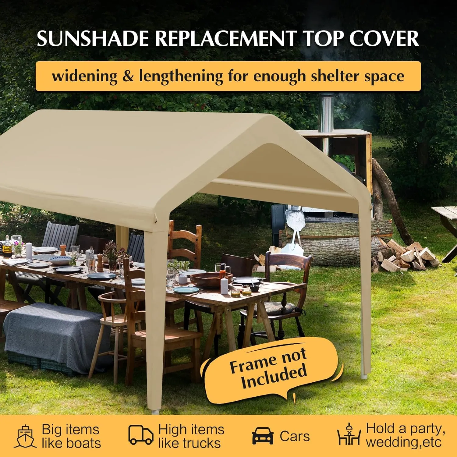 10x20 Canopy Replacement Cover, Carport Replacement Canopy Top Cover for 10' x 20' Frame, 800D Heavy Duty Waterproof & UV Protected Car Canopy with Ball Bungees (Frame is not Included) (Beige)