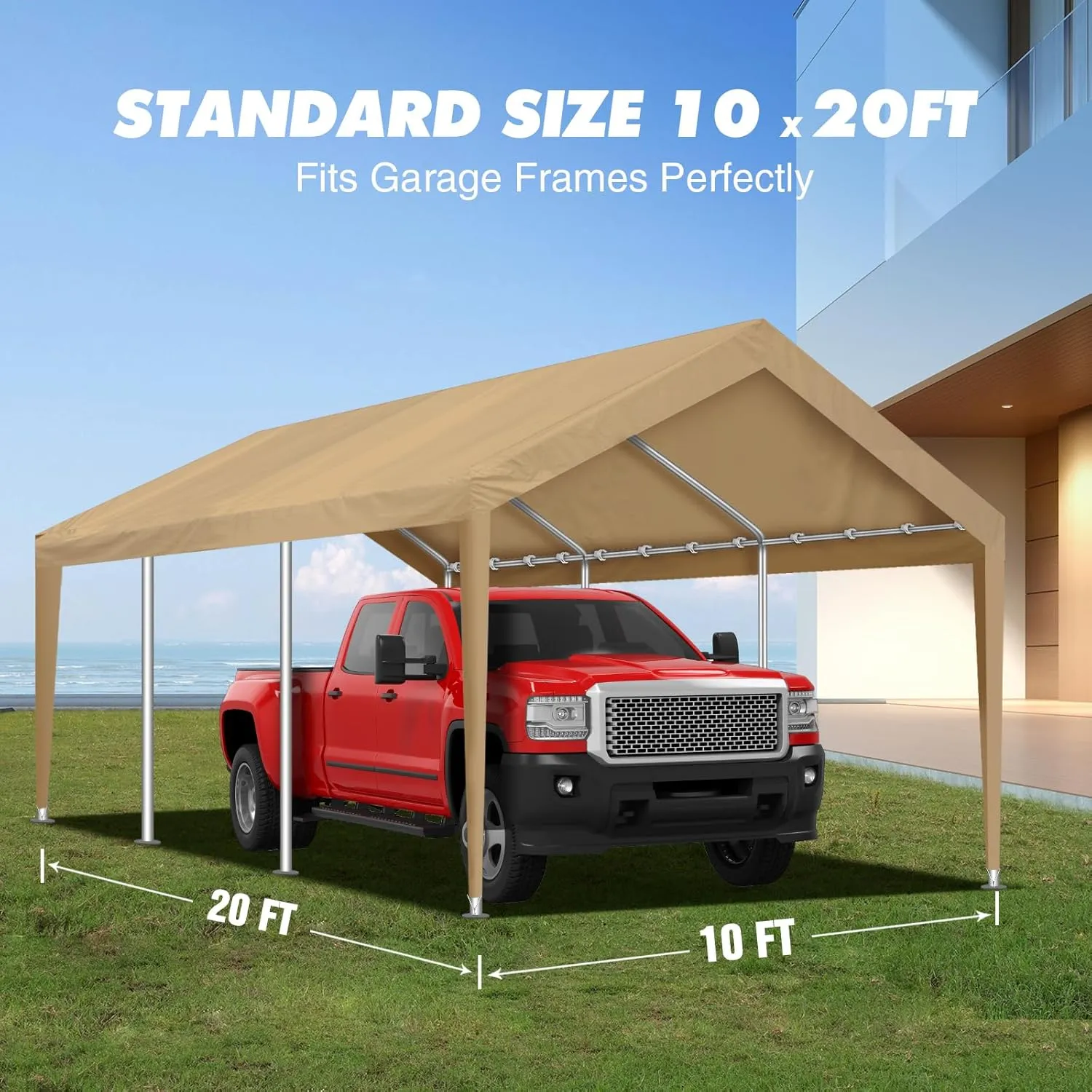 10x20FT Carport Canopy Replacement Cover Heavy Duty Waterproof & UV Protected, All Weather Car Shade Canopy with Ball Bungees (Beige, 10'x20', Frame is not Included)