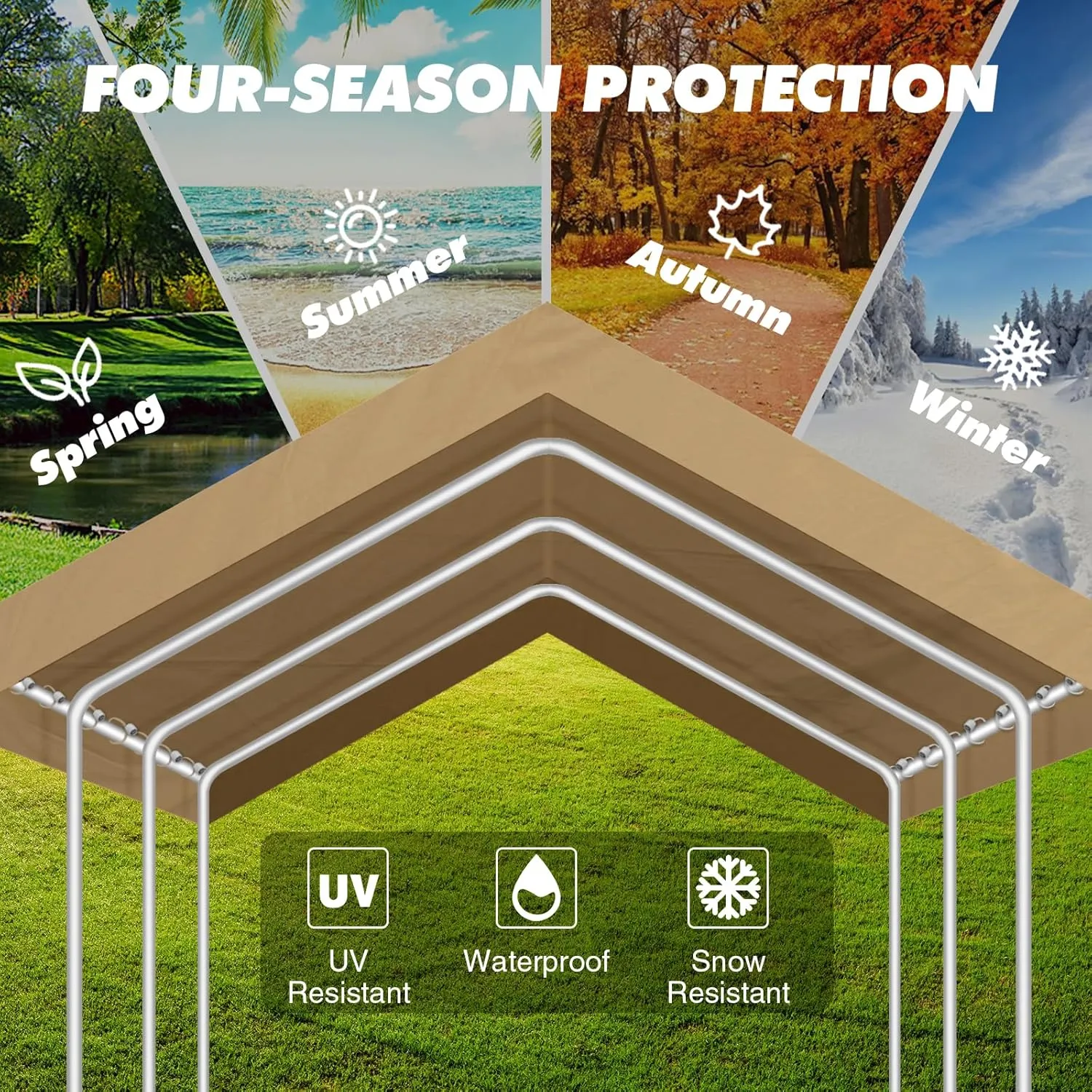 10x20FT Carport Canopy Replacement Cover Heavy Duty Waterproof & UV Protected, All Weather Car Shade Canopy with Ball Bungees (Beige, 10'x20', Frame is not Included)