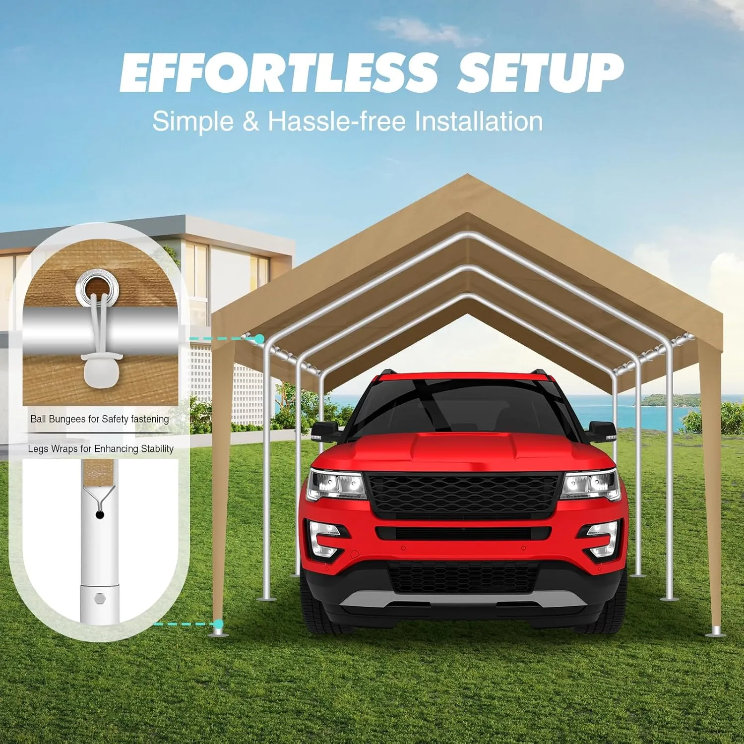 10x20FT Carport Canopy Replacement Cover Heavy Duty Waterproof & UV Protected, All Weather Car Shade Canopy with Ball Bungees (Beige, 10'x20', Frame is not Included)