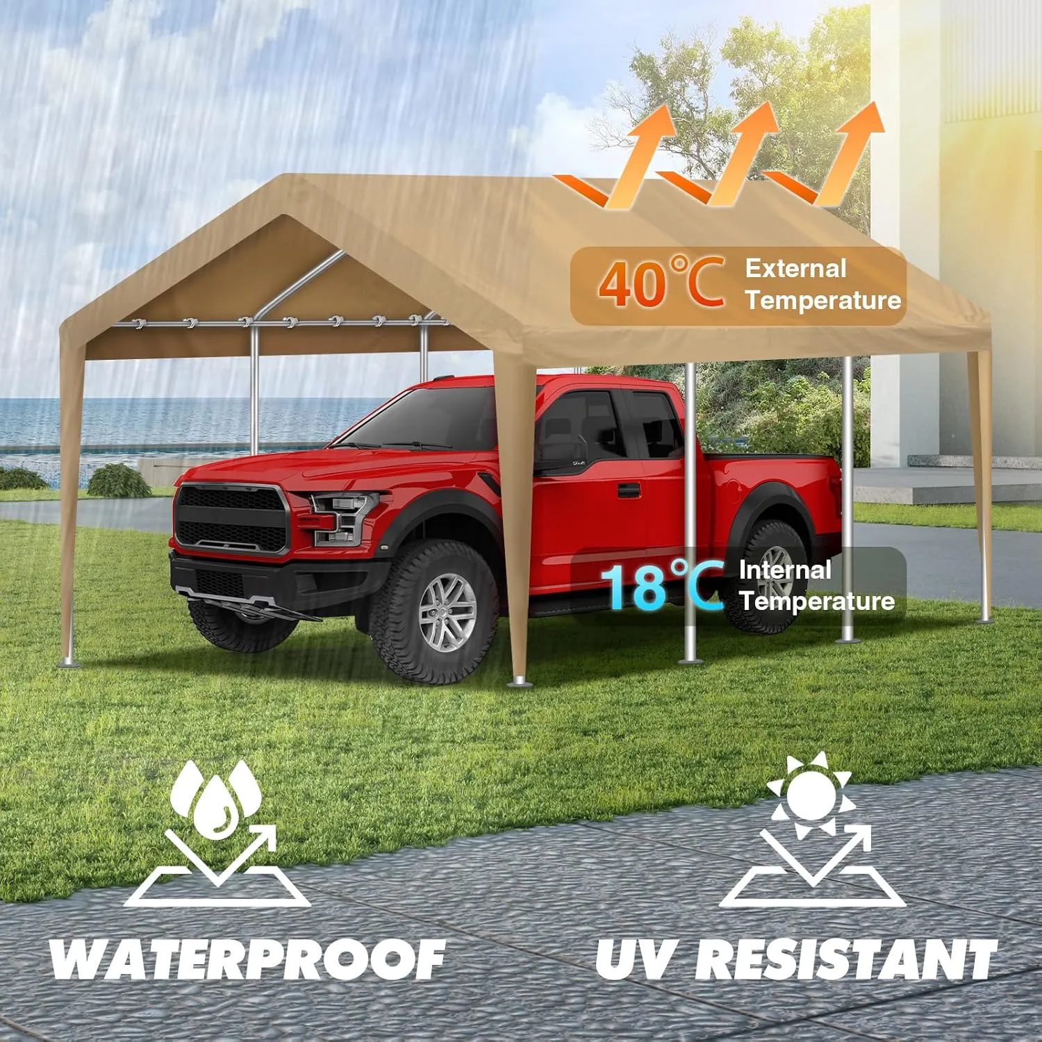10x20FT Carport Canopy Replacement Cover Heavy Duty Waterproof & UV Protected, All Weather Car Shade Canopy with Ball Bungees (Beige, 10'x20', Frame is not Included)