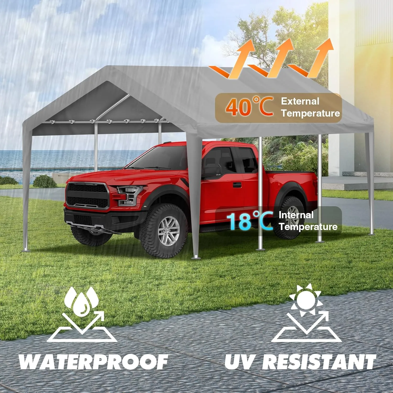 10x20FT Carport Canopy Replacement Cover Heavy Duty Waterproof & UV Protected, All Weather Car Shade Canopy with Ball Bungees (Grey-2, 10'x20')