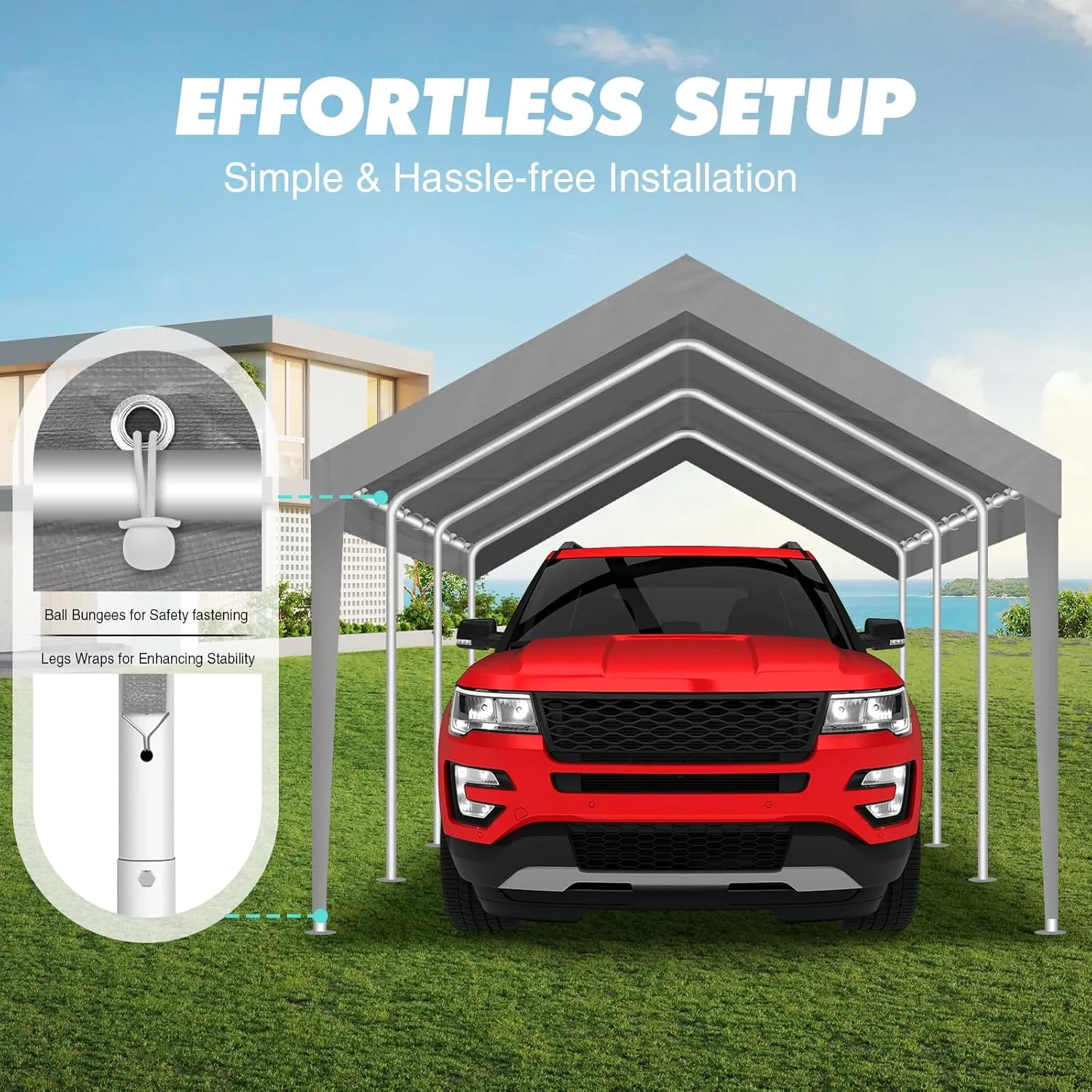10x20FT Carport Canopy Replacement Cover Heavy Duty Waterproof & UV Protected, All Weather Car Shade Canopy with Ball Bungees (Grey-2, 10'x20')