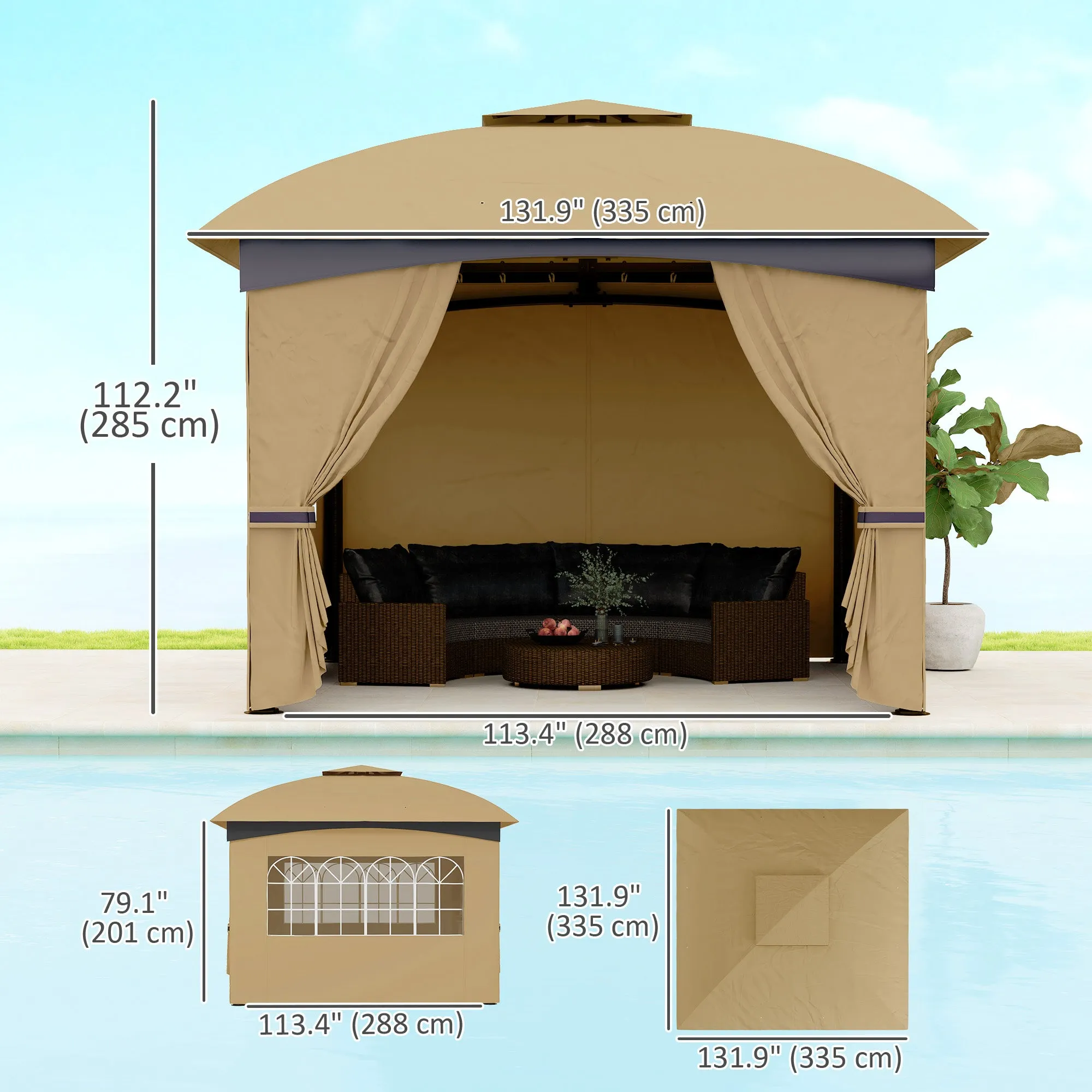 11' x 11' Double Roof Gazebo with Church Windows & Steel Frame, Beige