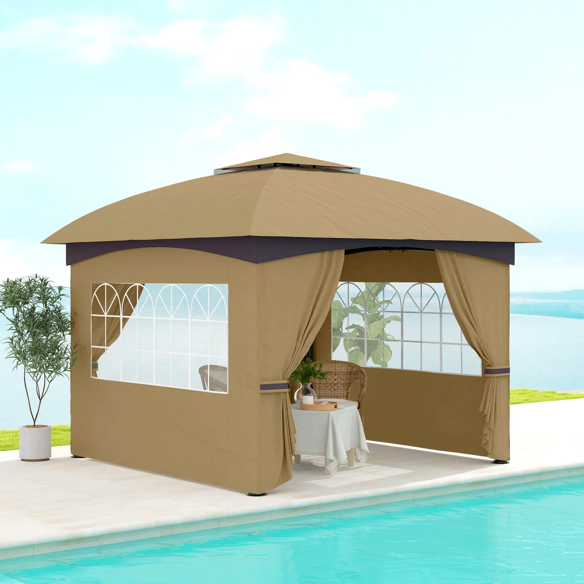 11' x 11' Double Roof Gazebo with Church Windows & Steel Frame, Beige