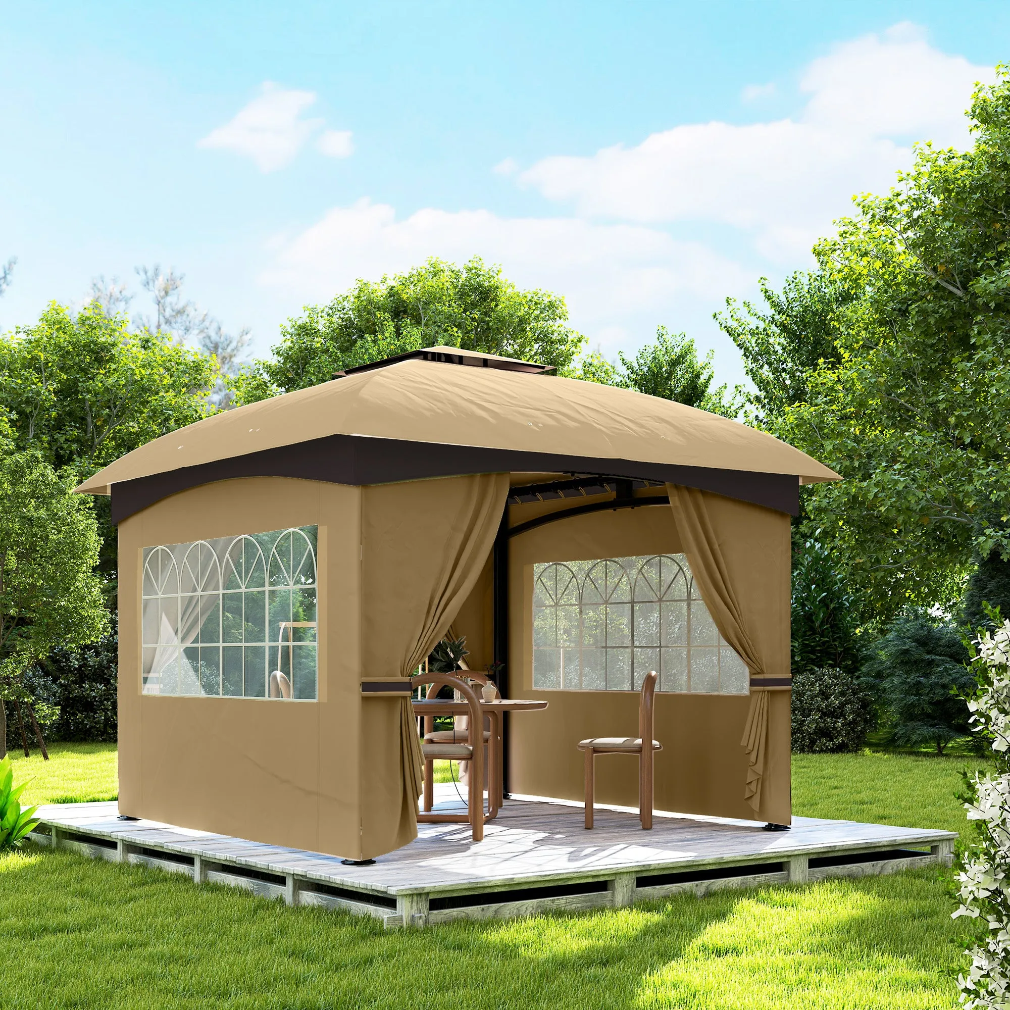 11' x 11' Double Roof Patio Gazebo with Curtains, Church Windows, Steel Frame, Beige