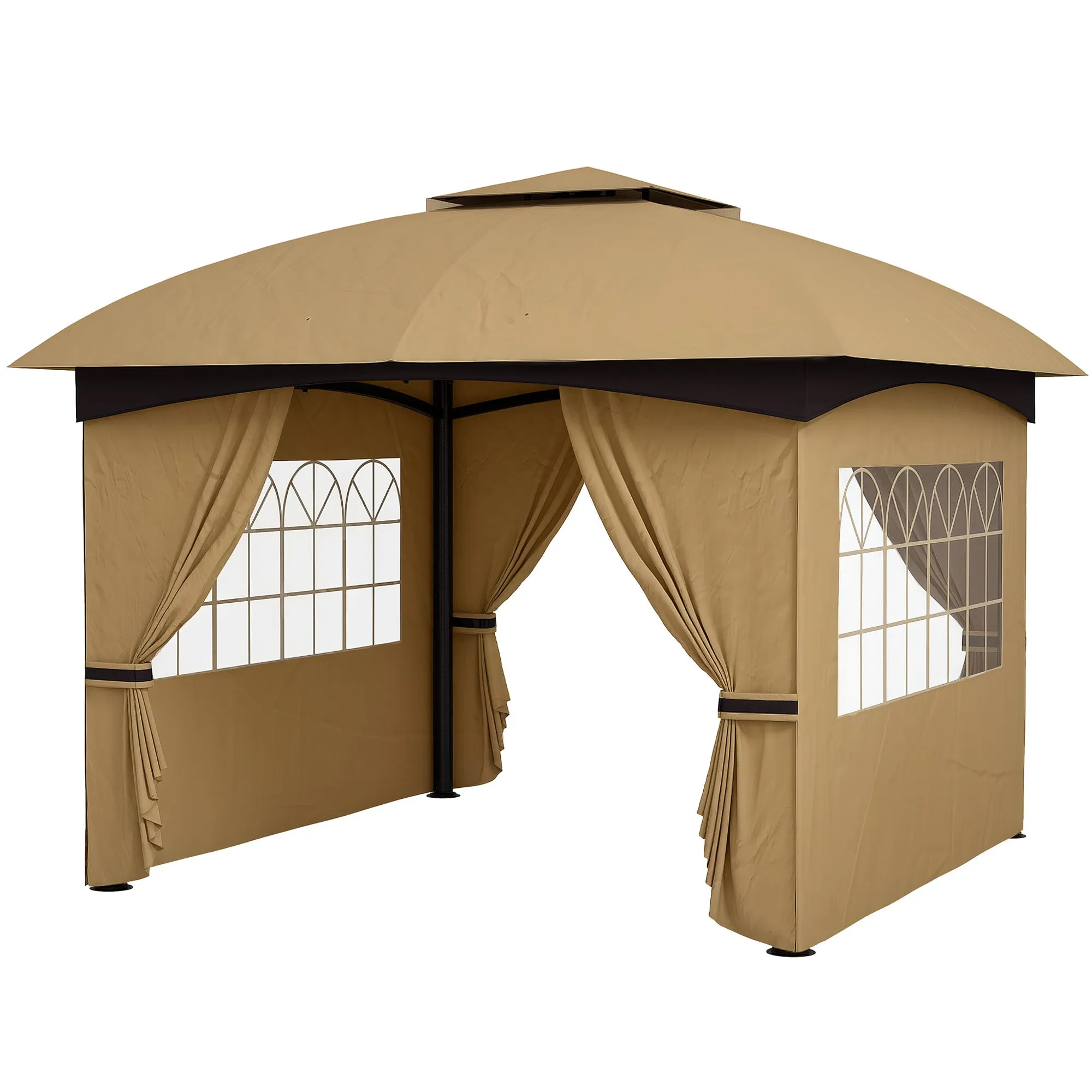 11' x 11' Double Roof Patio Gazebo with Curtains, Church Windows, Steel Frame, Beige