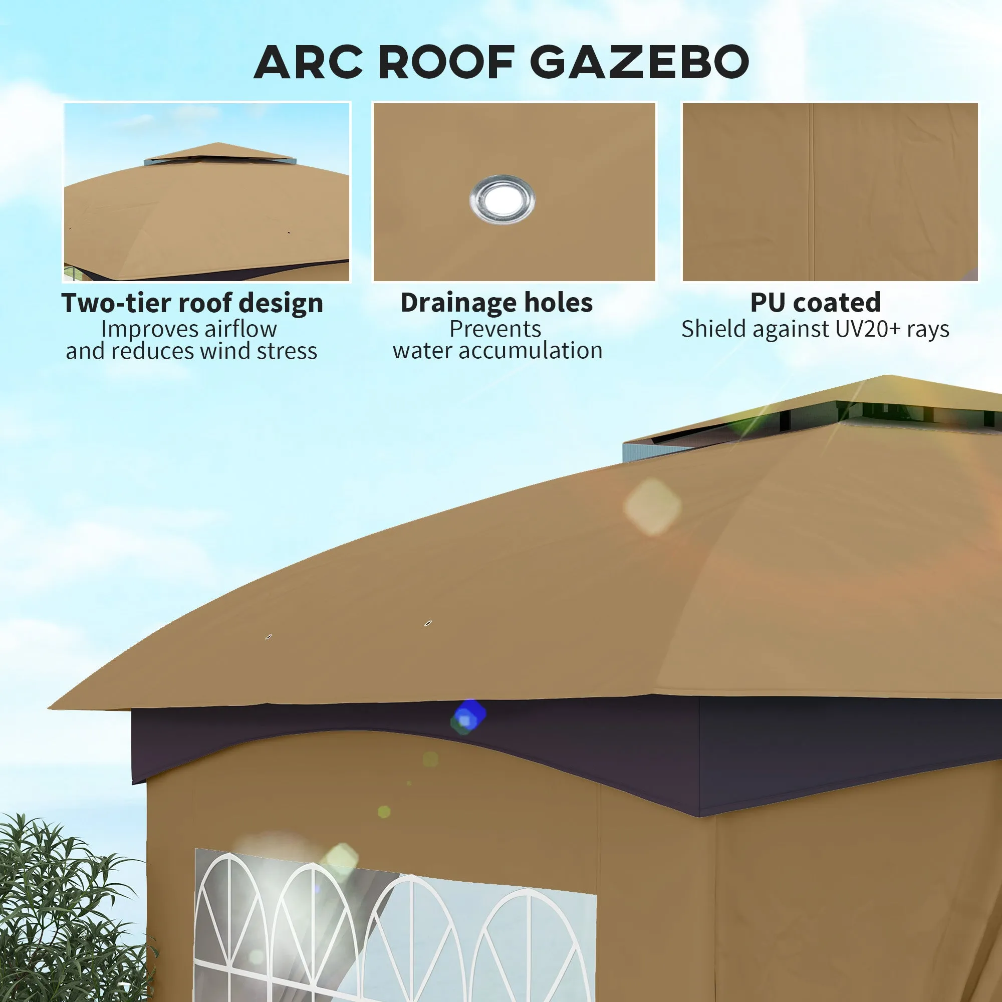 11' x 11' Double Roof Patio Gazebo with Curtains, Church Windows, Steel Frame, Beige