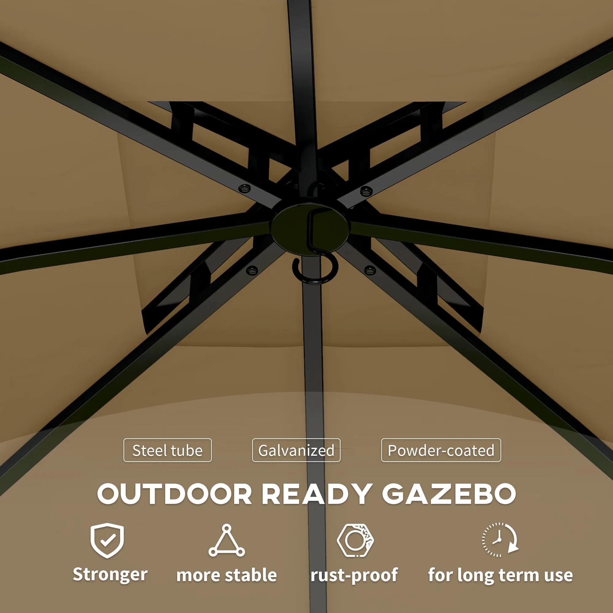 11' x 11' Double Roof Patio Gazebo with Curtains, Church Windows, Steel Frame, Beige